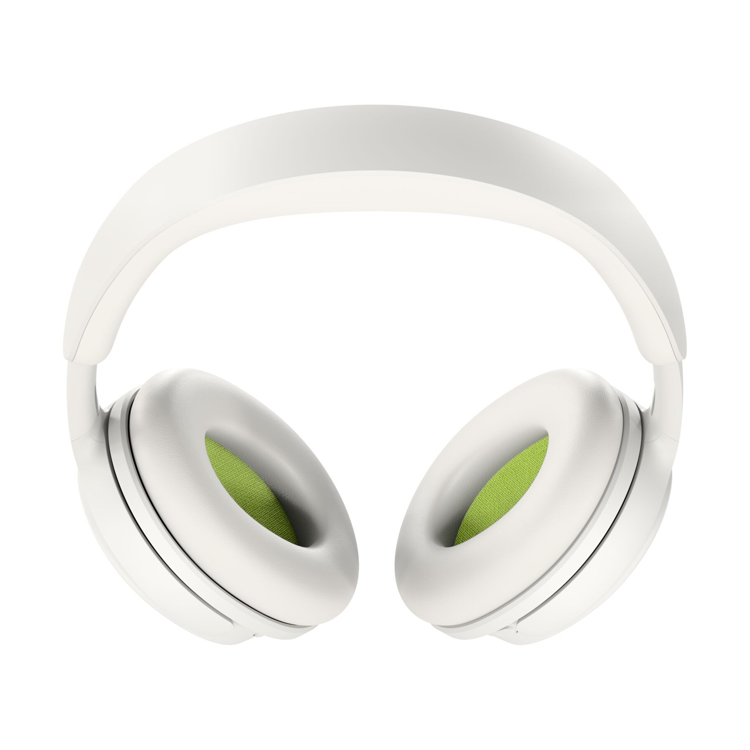 Cuffie over-ear bianche con inserti in tessuto verde lime nei cuscinetti su sfondo bianco.