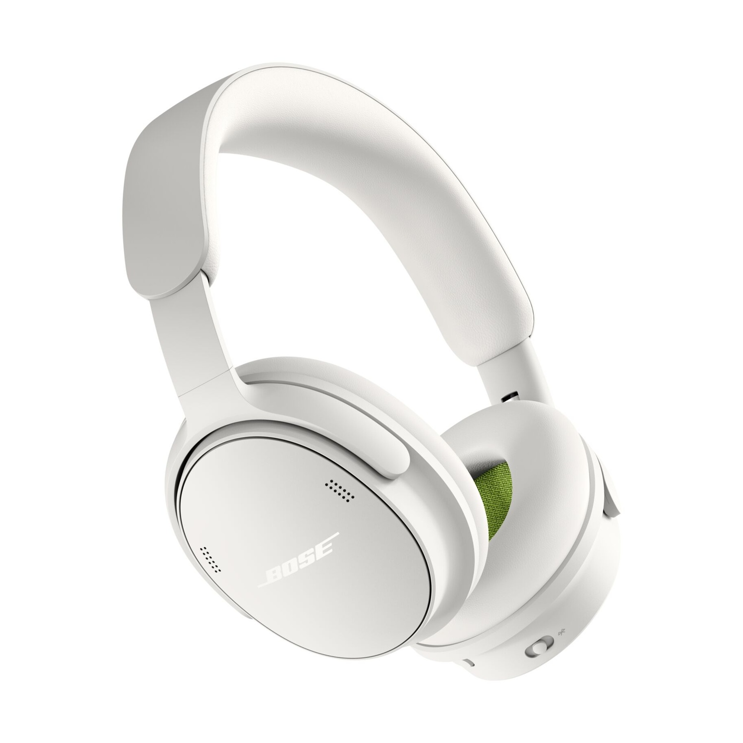 Cuffie wireless Bose bianche con interno verde su sfondo bianco.