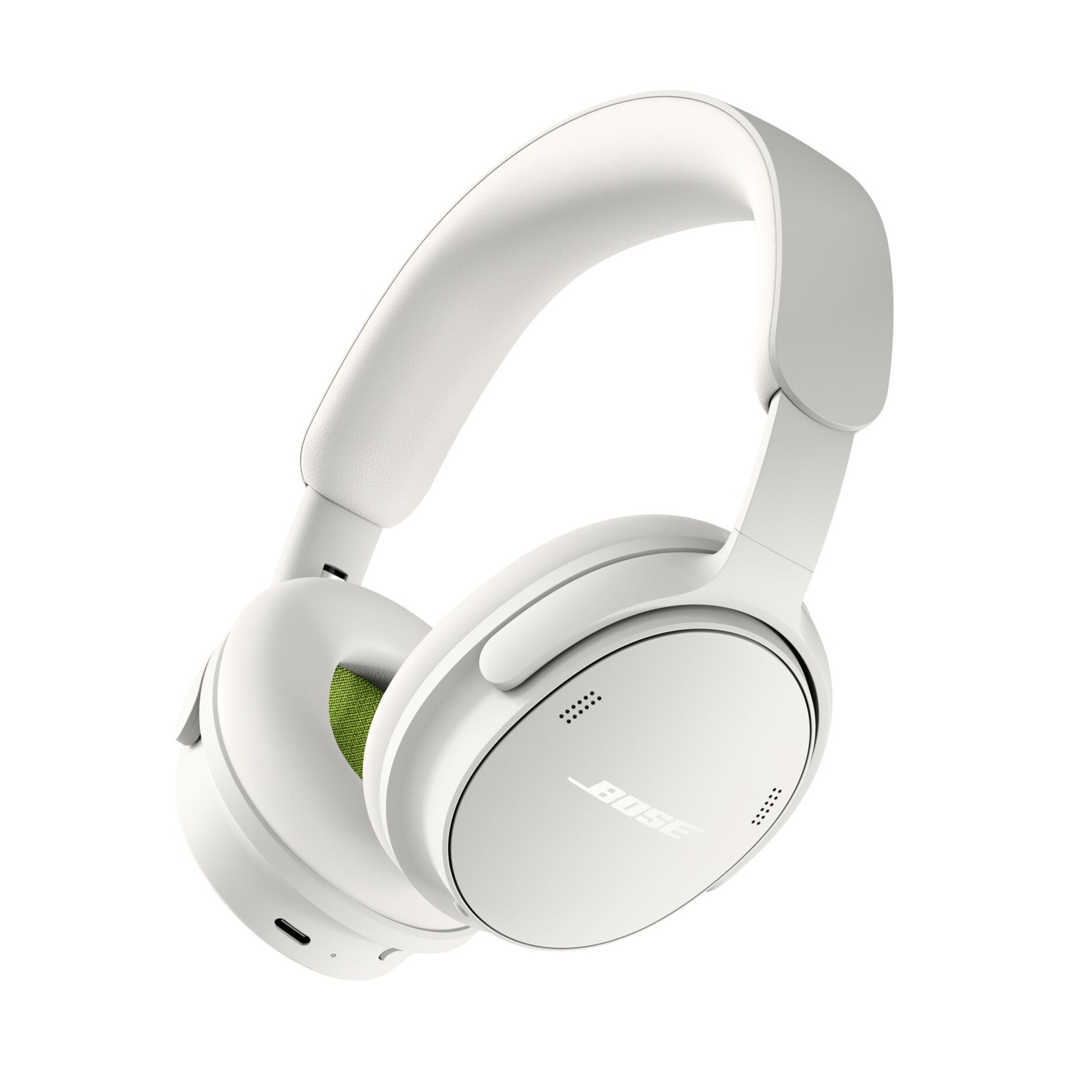 Cuffie over-ear Bose bianche con cuscini interni verdi su sfondo bianco.