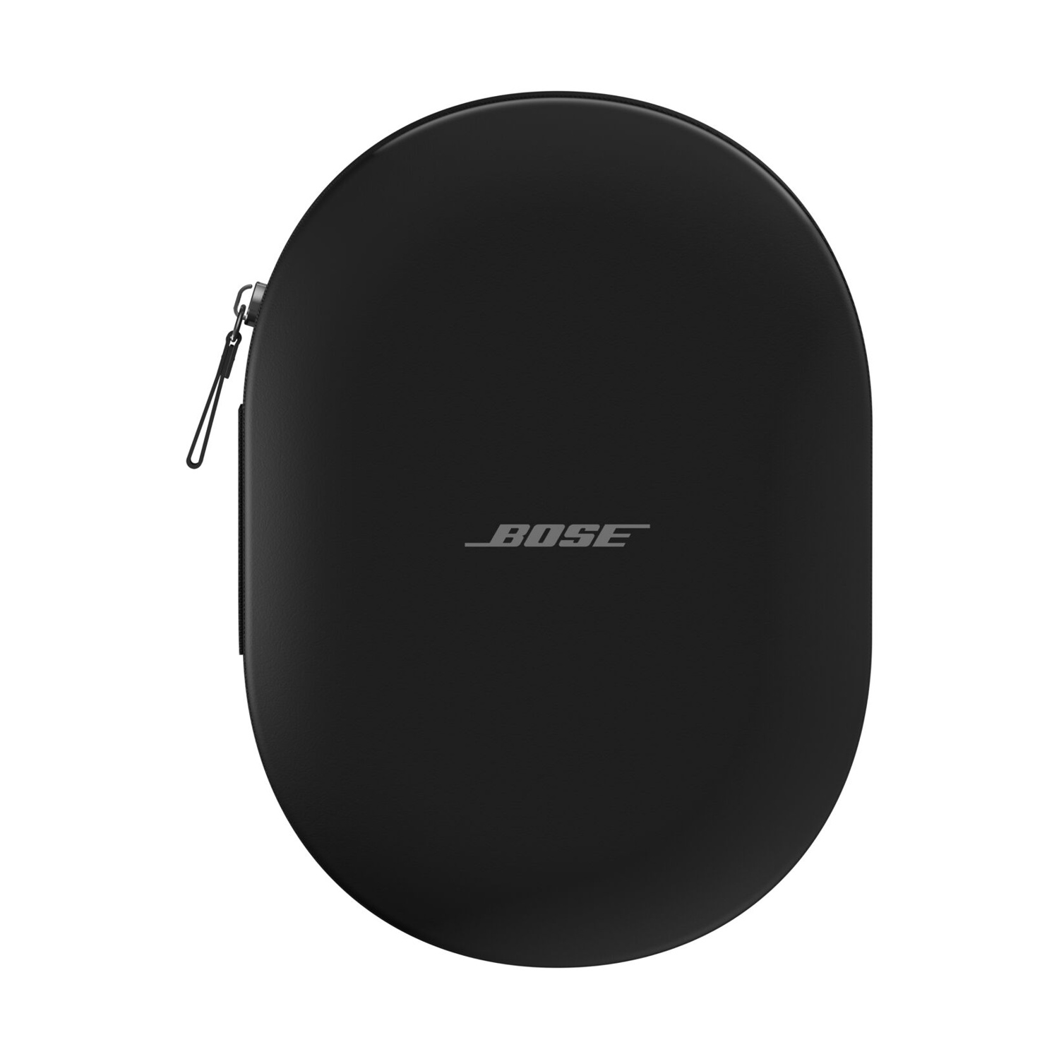 Una custodia nera e ovale per cuffie Bose con cerniera, su sfondo bianco.
