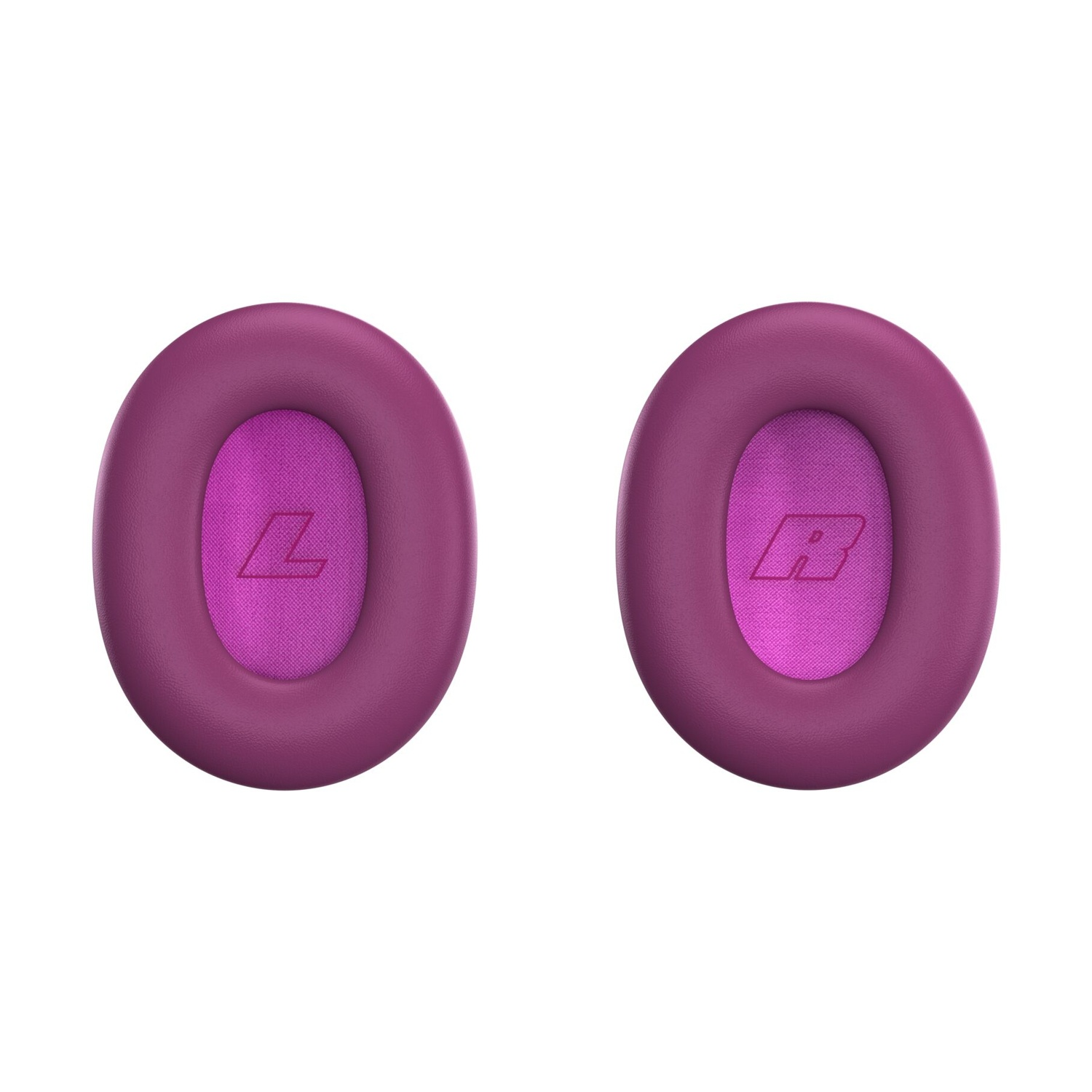 Due cuscinetti per cuffie magenta con contrassegni L e R sul tessuto interno su sfondo bianco.