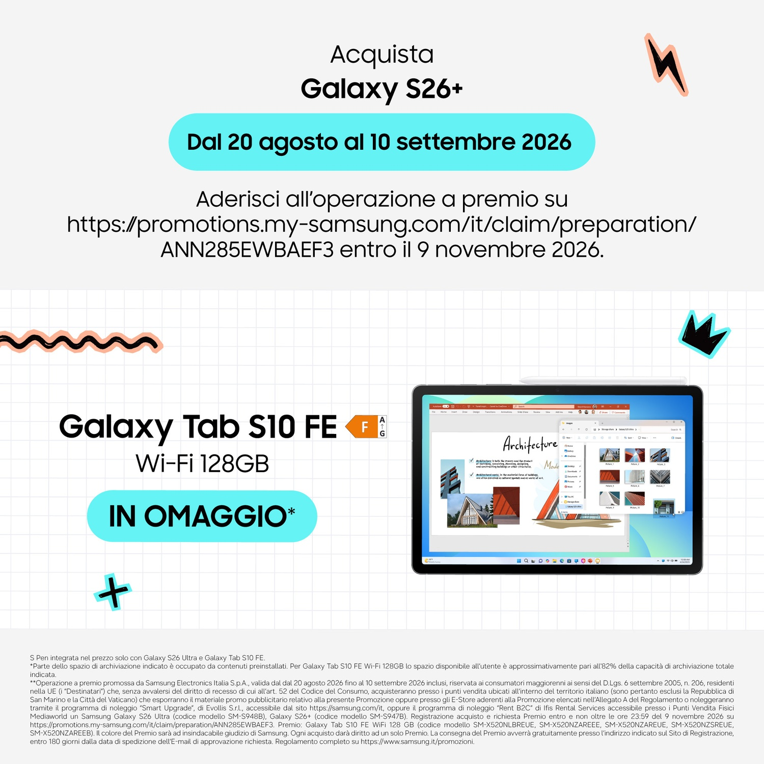 Promo Galaxy S26+ con Galaxy Tab S10 FE in omaggio, con date e condizioni elencate.