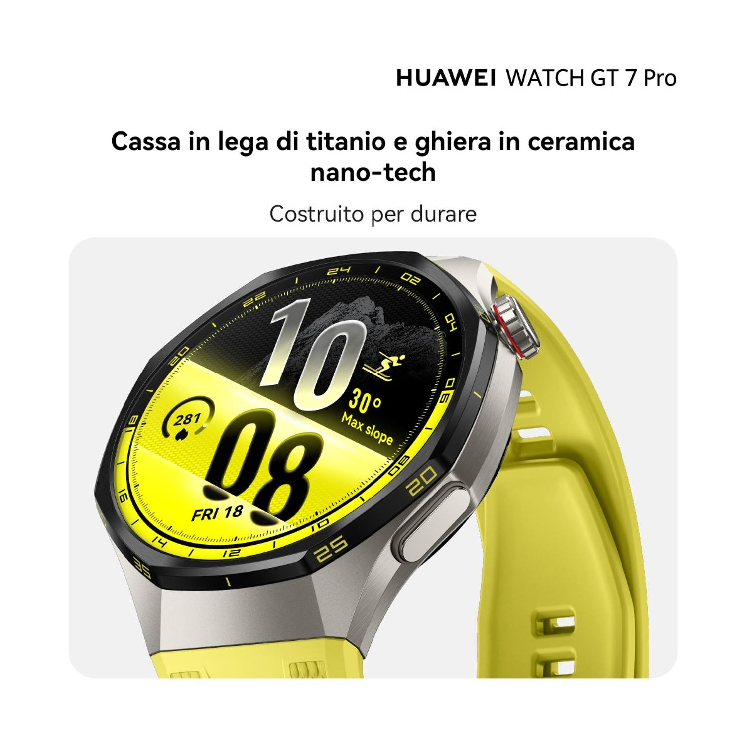 Huawei Watch GT 7 Pro con cinturino giallo e quadrante digitale su sfondo bianco.