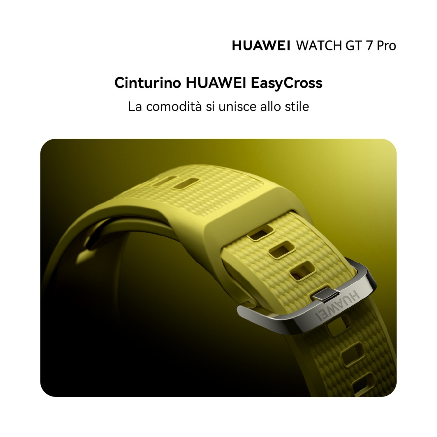 Cinturino giallo Huawei EasyCross con fibbia argentata e texture.