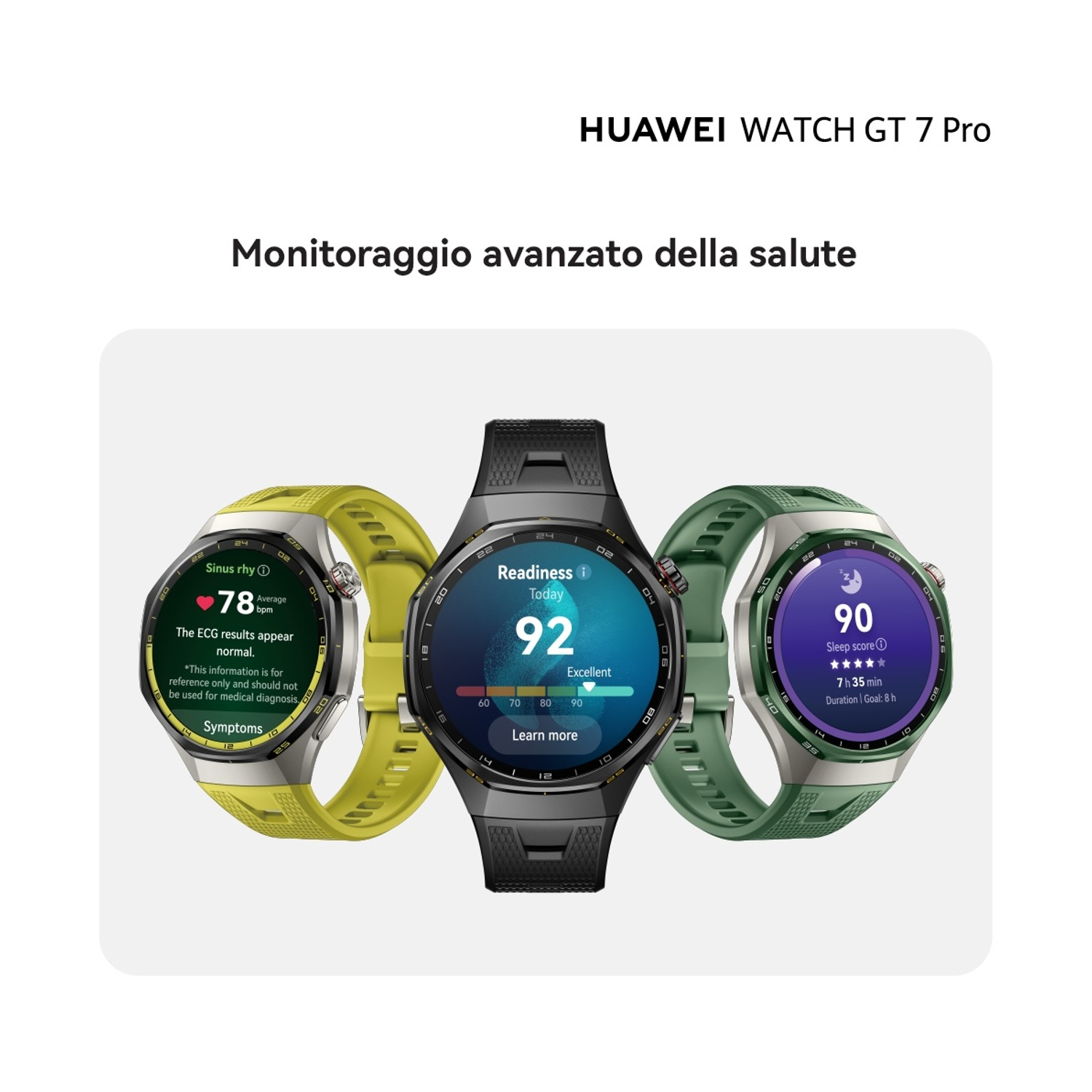 Tre smartwatch Huawei Watch GT 7 Pro gialli, neri e verdi mostrano dati sulla salute.