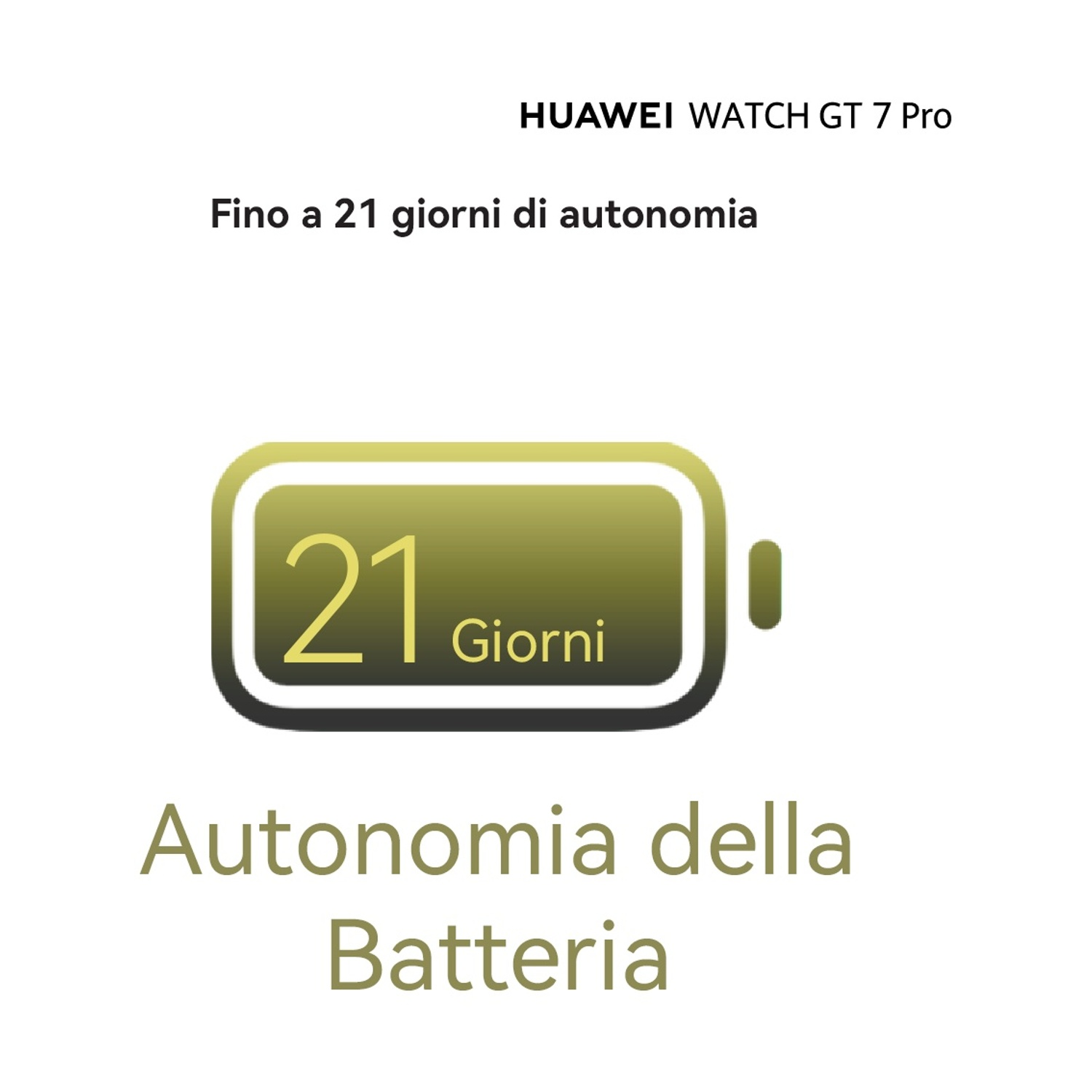 Pubblicità di Huawei Watch GT 7 Pro con 21 giorni di autonomia e un'icona della batteria dorata.
