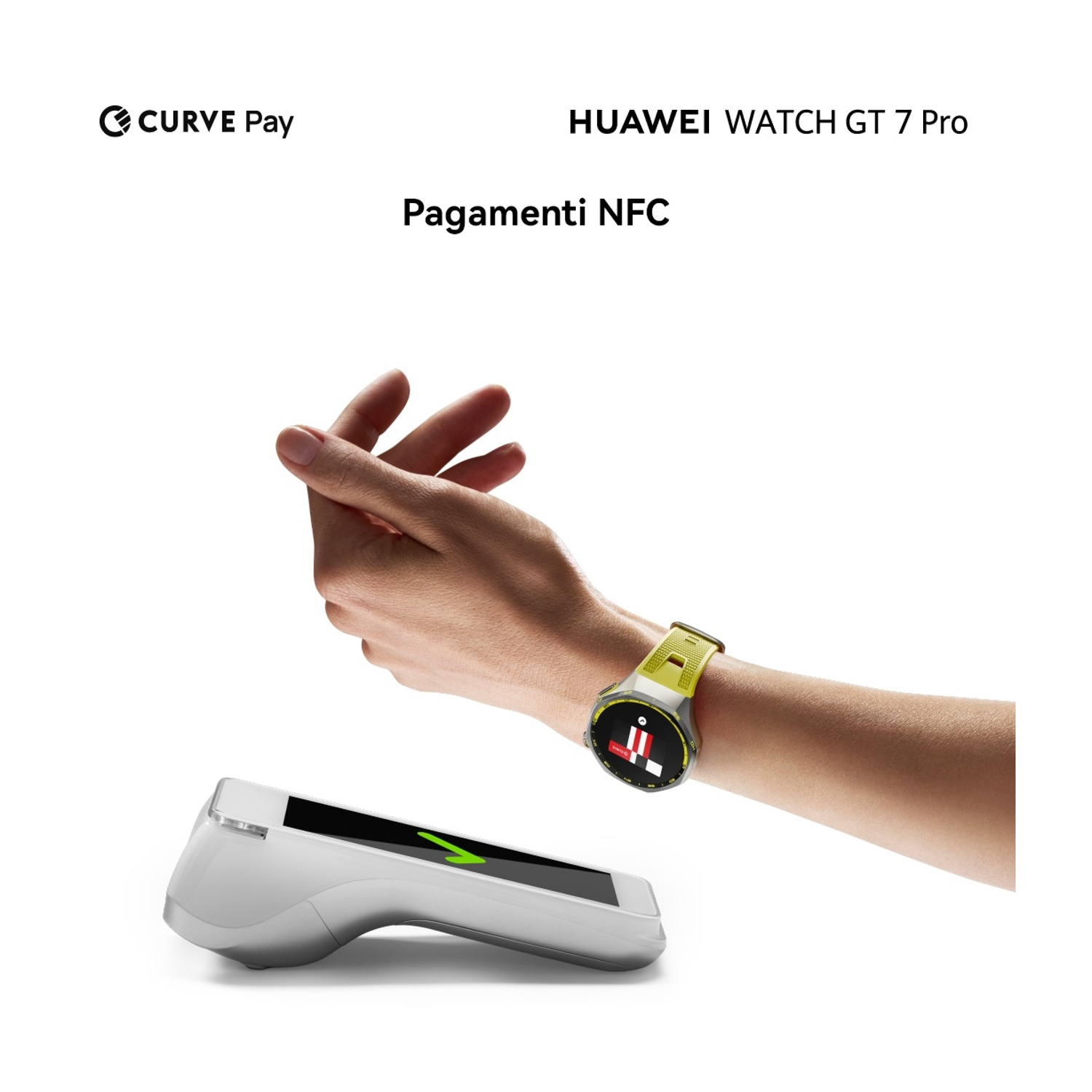 Una persona effettua un pagamento contactless con uno smartwatch Huawei e Curve Pay.