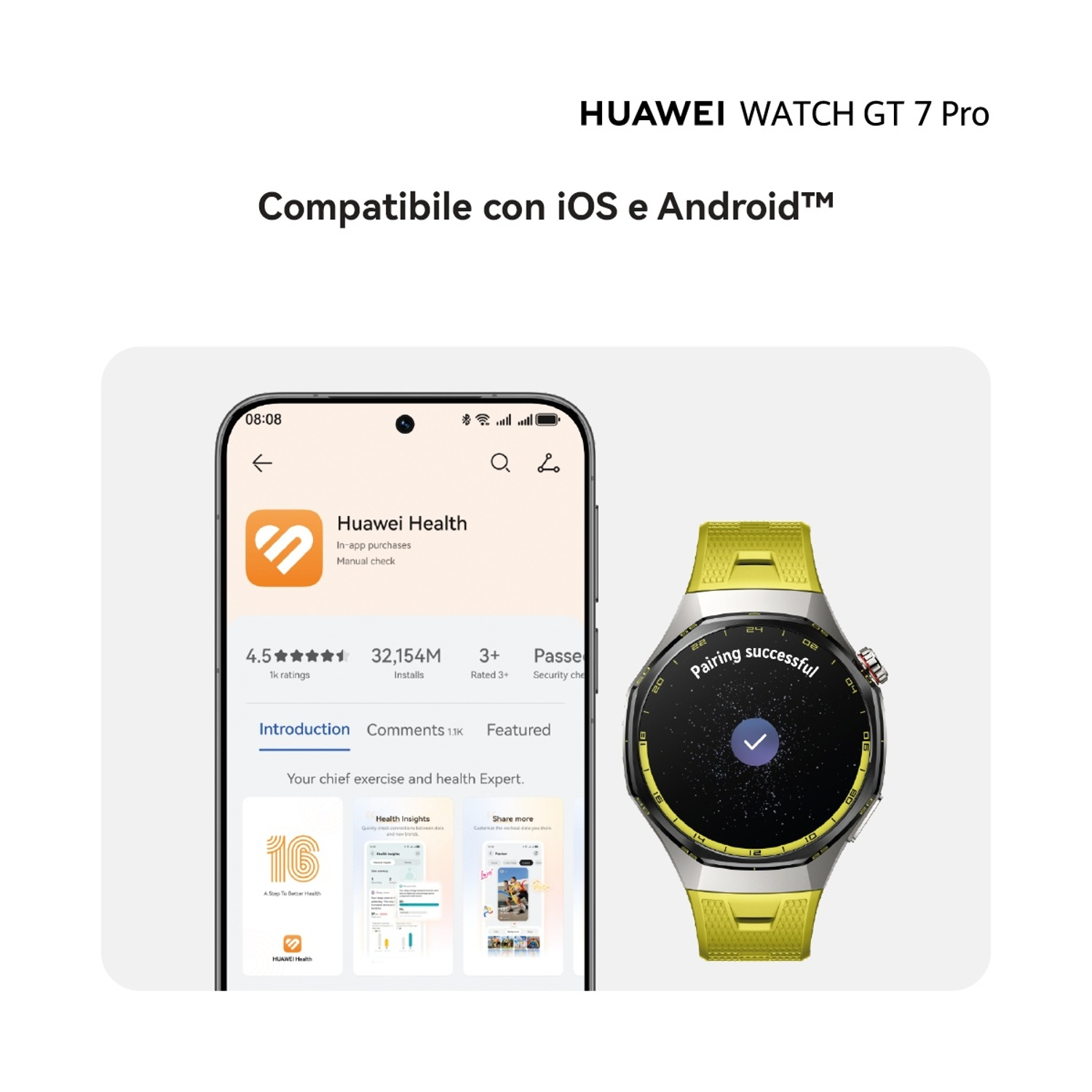 Huawei Watch GT 7 Pro accanto a uno smartphone con l'app Huawei Health.