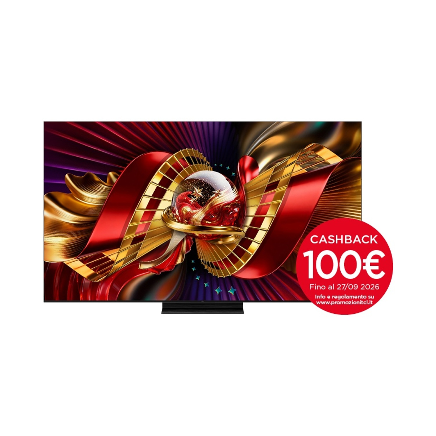 TV a schermo piatto con grafica astratta rossa e oro e un adesivo rosso di rimborso di 100€.