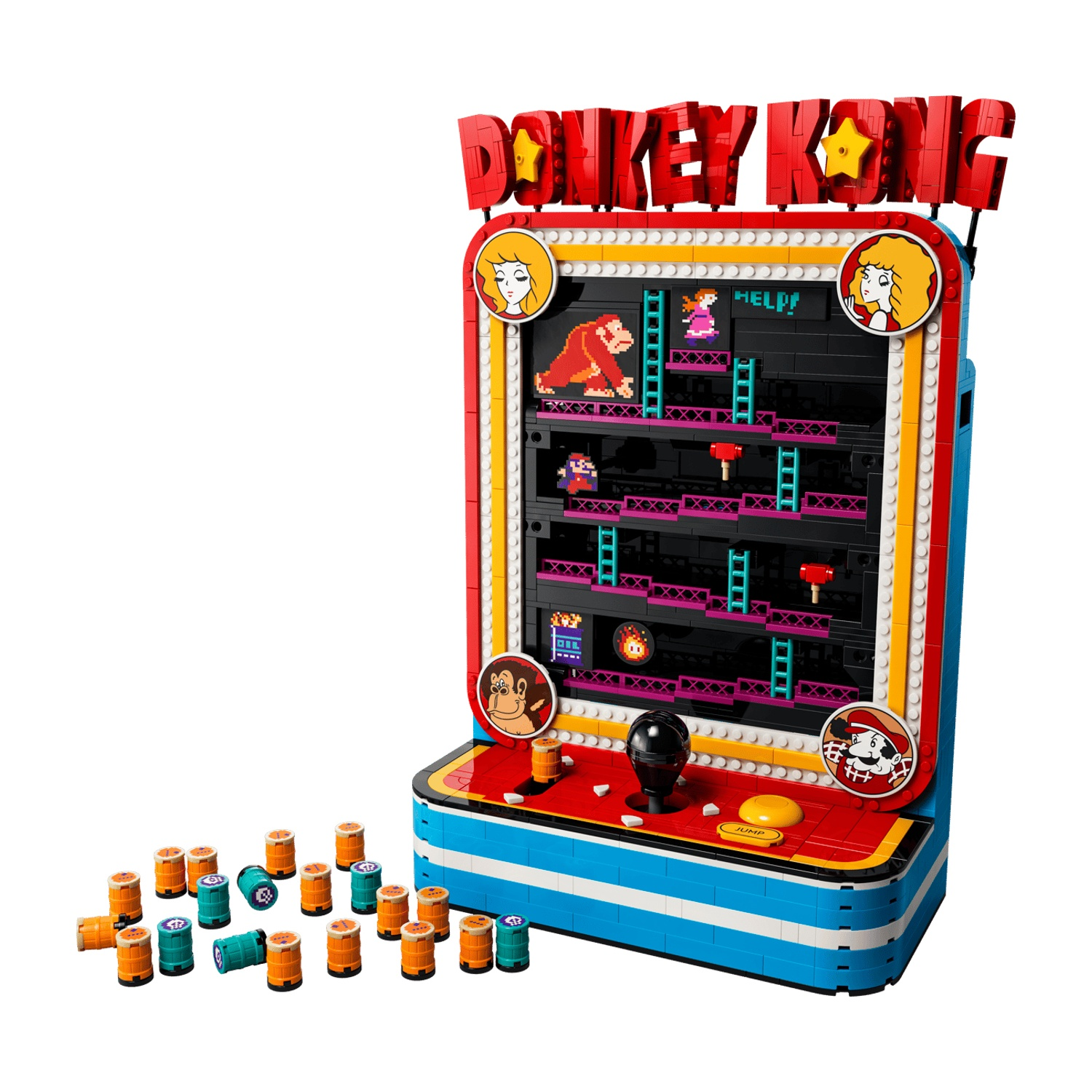 Un cabinat arcade LEGO Donkey Kong con joystick, pulsanti e barili in miniatura.