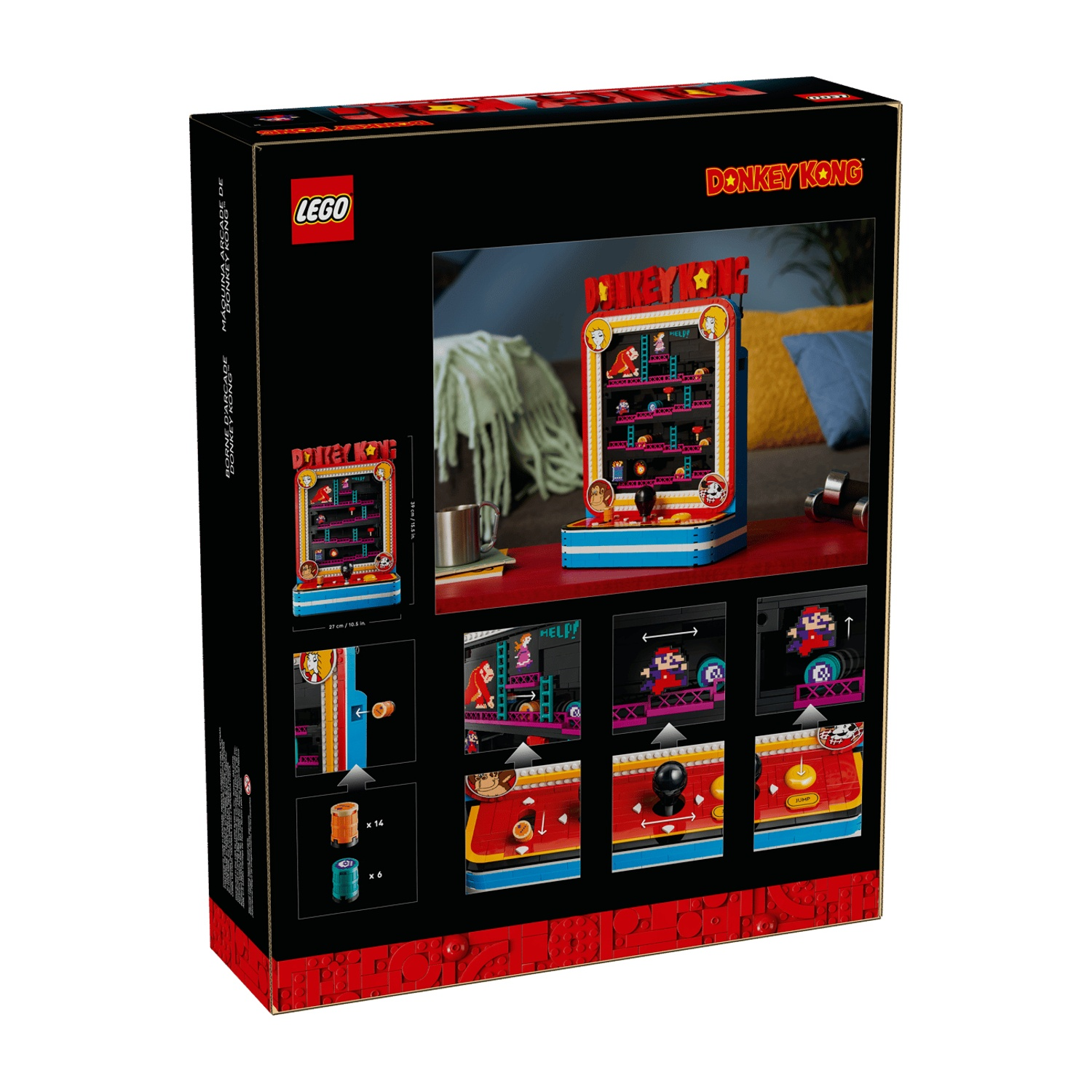 Retro di una scatola di cabinato arcade LEGO Donkey Kong con dettagli e foto del set.
