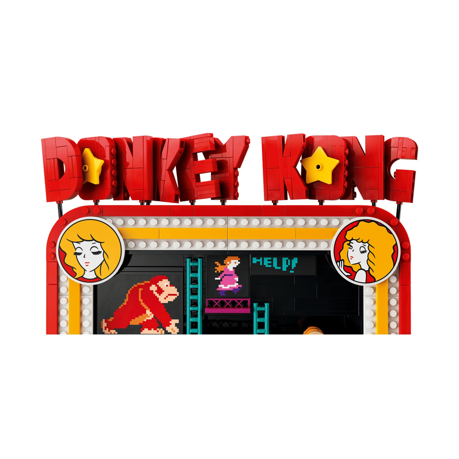 Una scena arcade Lego Donkey Kong con insegna rossa, personaggi in pixel art e luci.