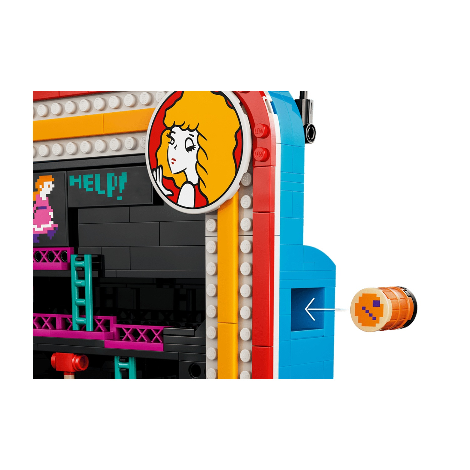 Cabinetto arcade Lego con schermo di aiuto e barile arancione inserito nel lato.