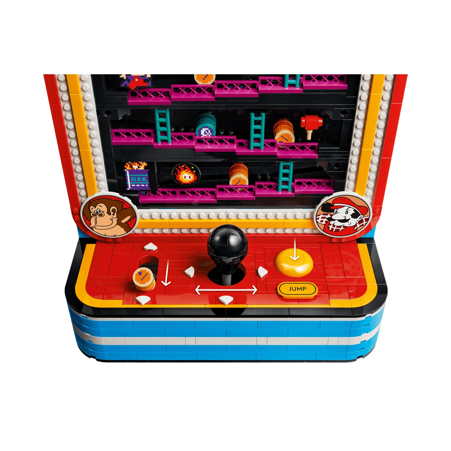 Cabinetto arcade Lego con joystick, custodia rossa e gialla e schermo Donkey Kong.