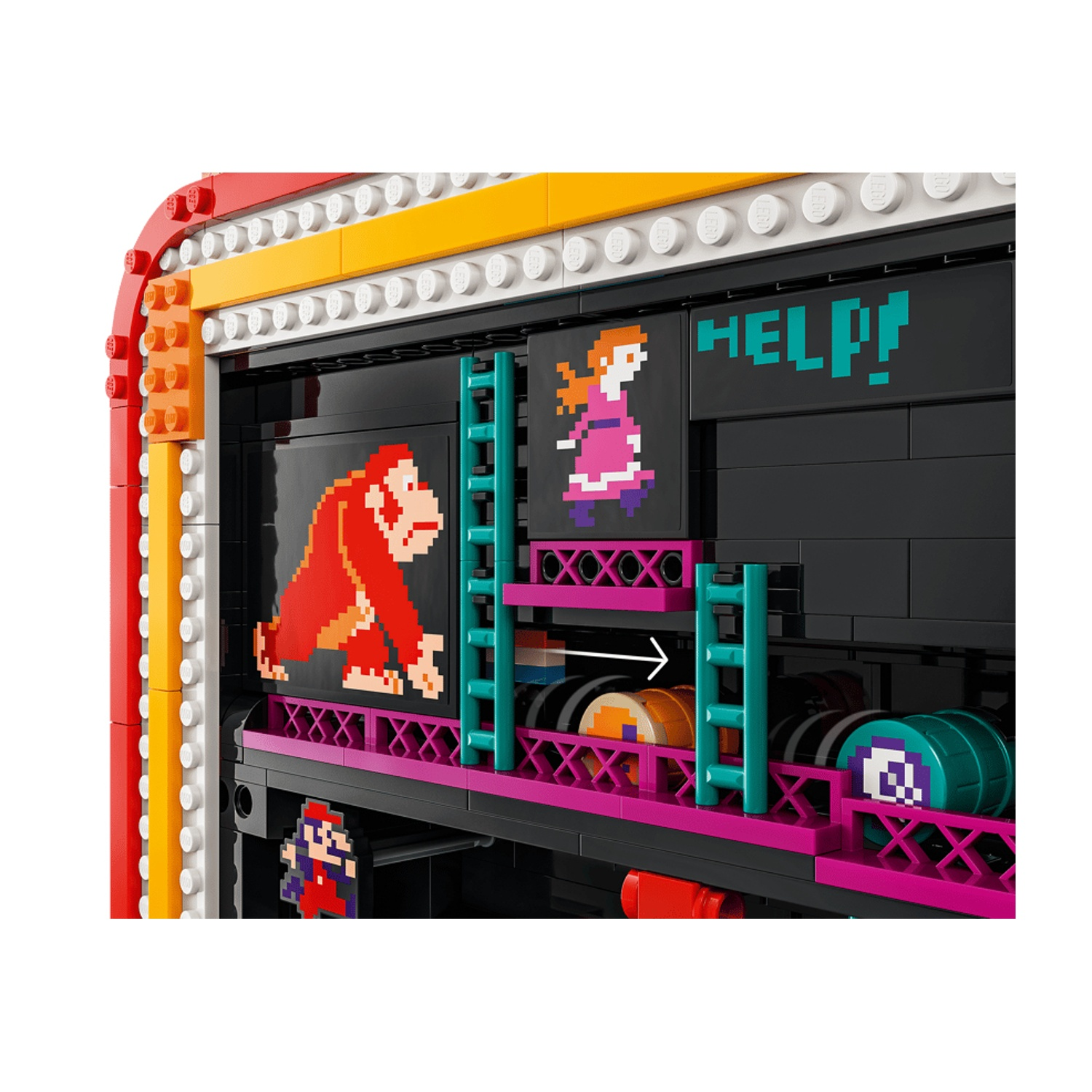 Modello Lego di una scena di Donkey Kong con gorilla, scale e la parola HELP in pixel art.