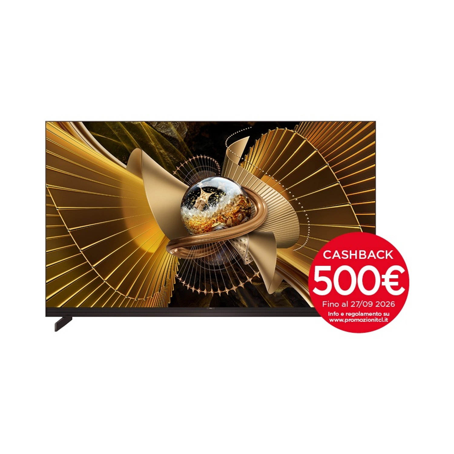 Un televisore con uno sfondo astratto dorato sullo schermo e un adesivo rosso di rimborso di 500 euro in basso.