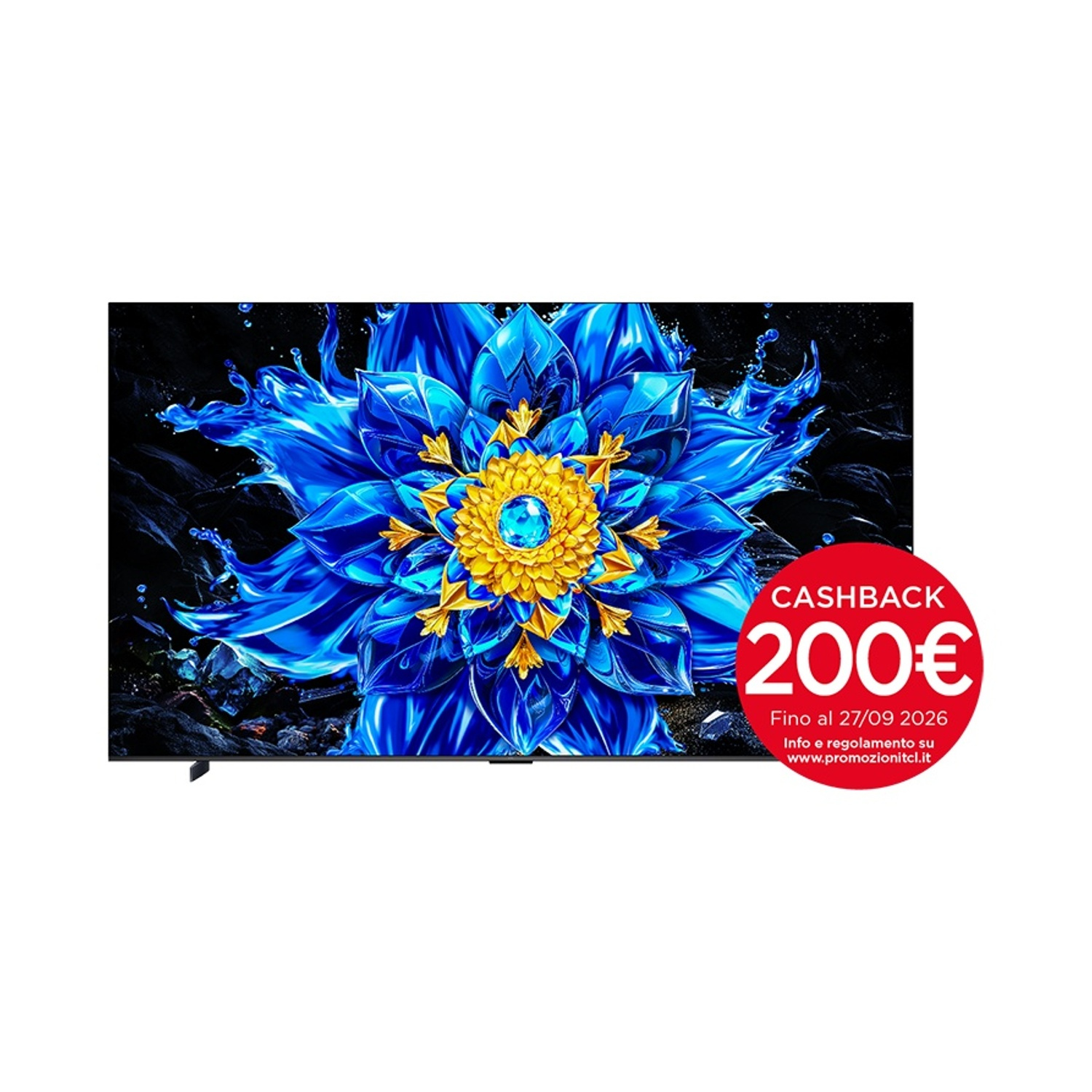 Una TV mostra un fiore blu e giallo, con un adesivo di rimborso rosso in basso a destra.