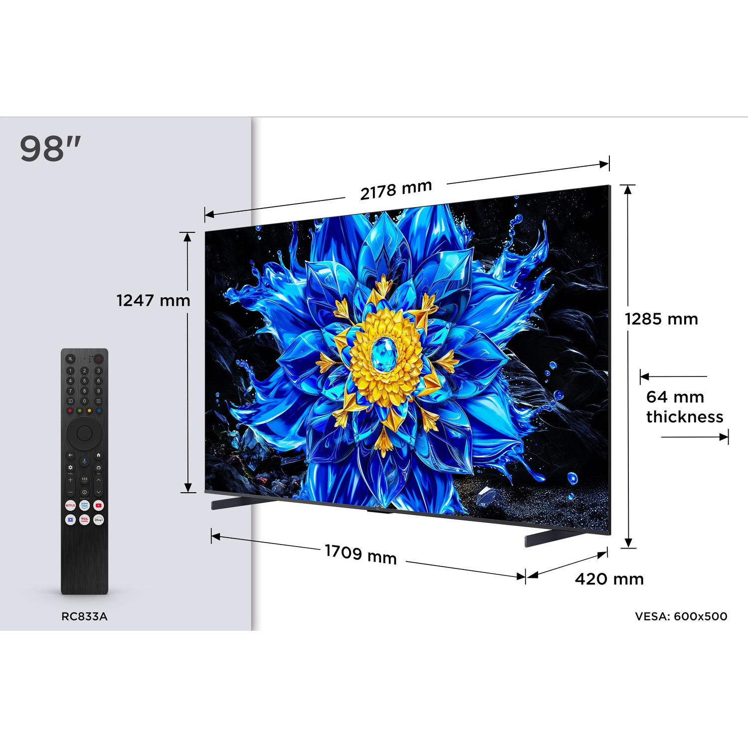 TV da 98 pollici con dimensioni, telecomando RC833A e VESA.