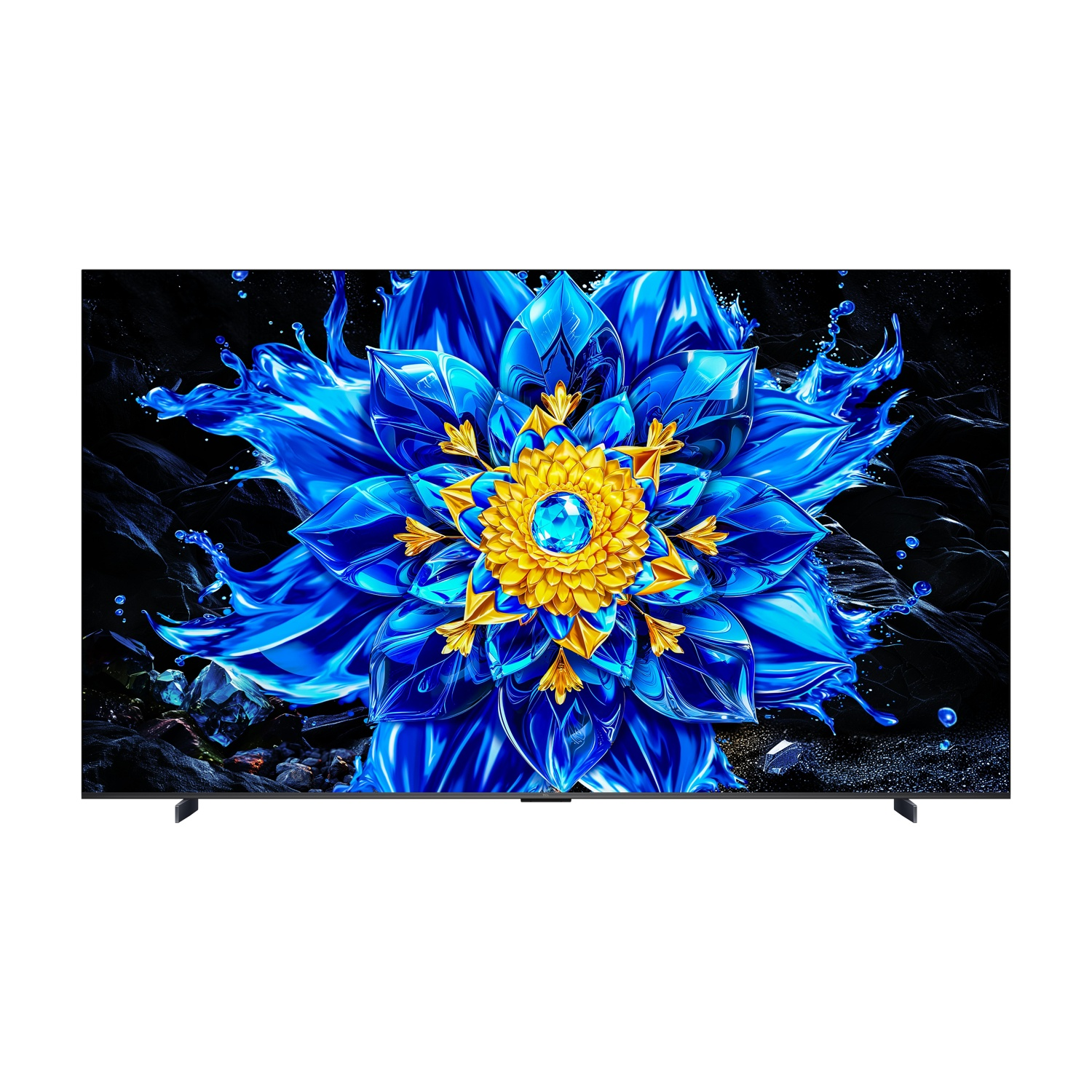 Una TV mostra un fiore astratto blu e giallo su sfondo nero.