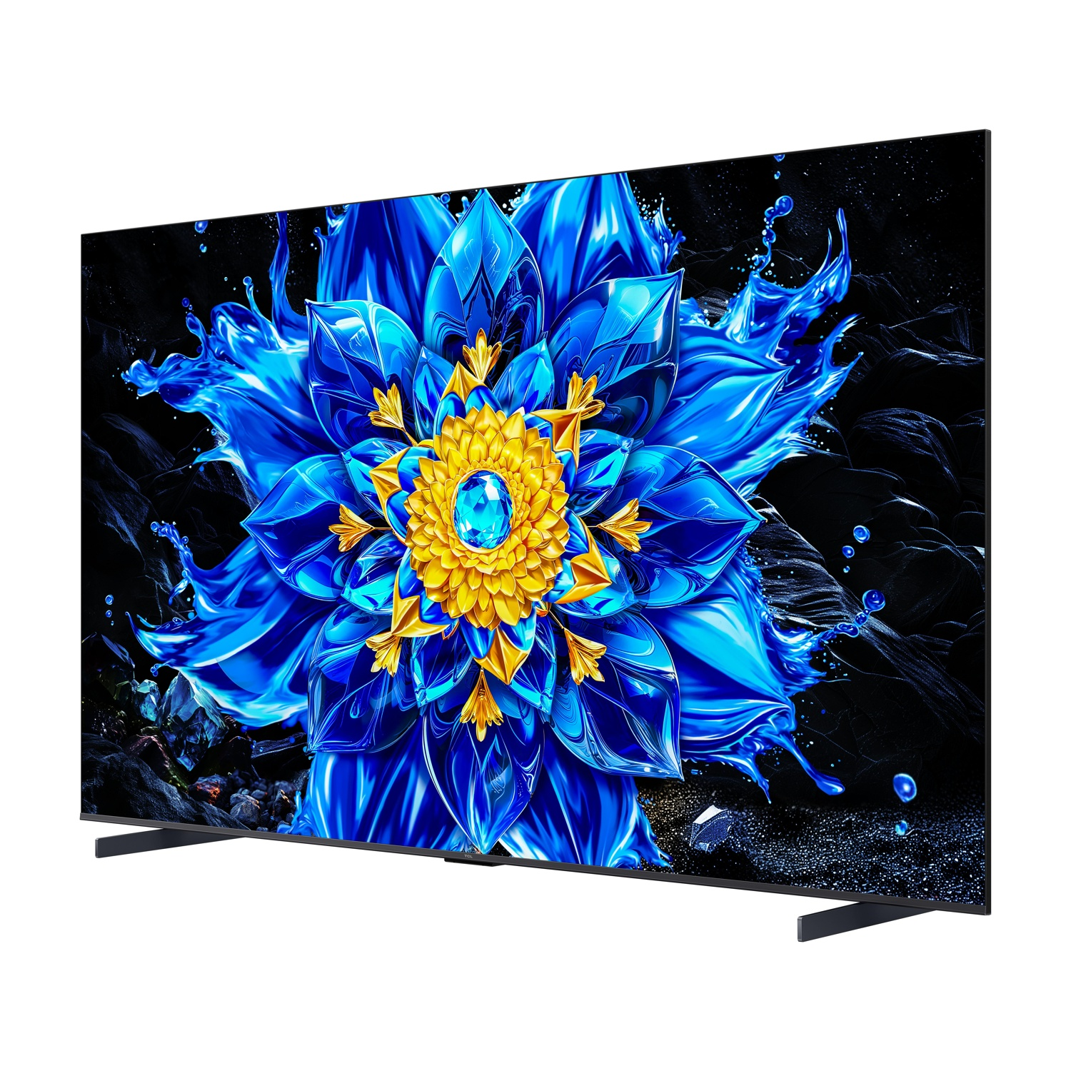 Una TV a schermo piatto mostra un fiore astratto blu e giallo con gocce d'acqua.