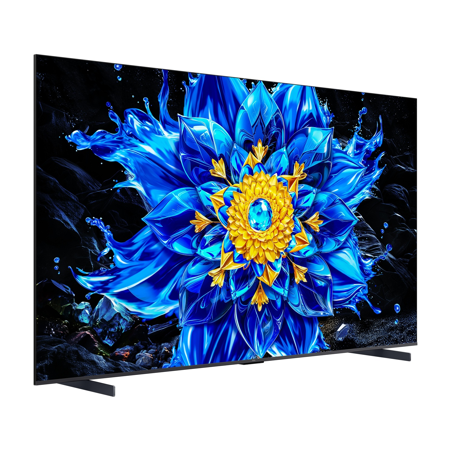 Una TV a schermo piatto mostra un fiore astratto blu e oro.