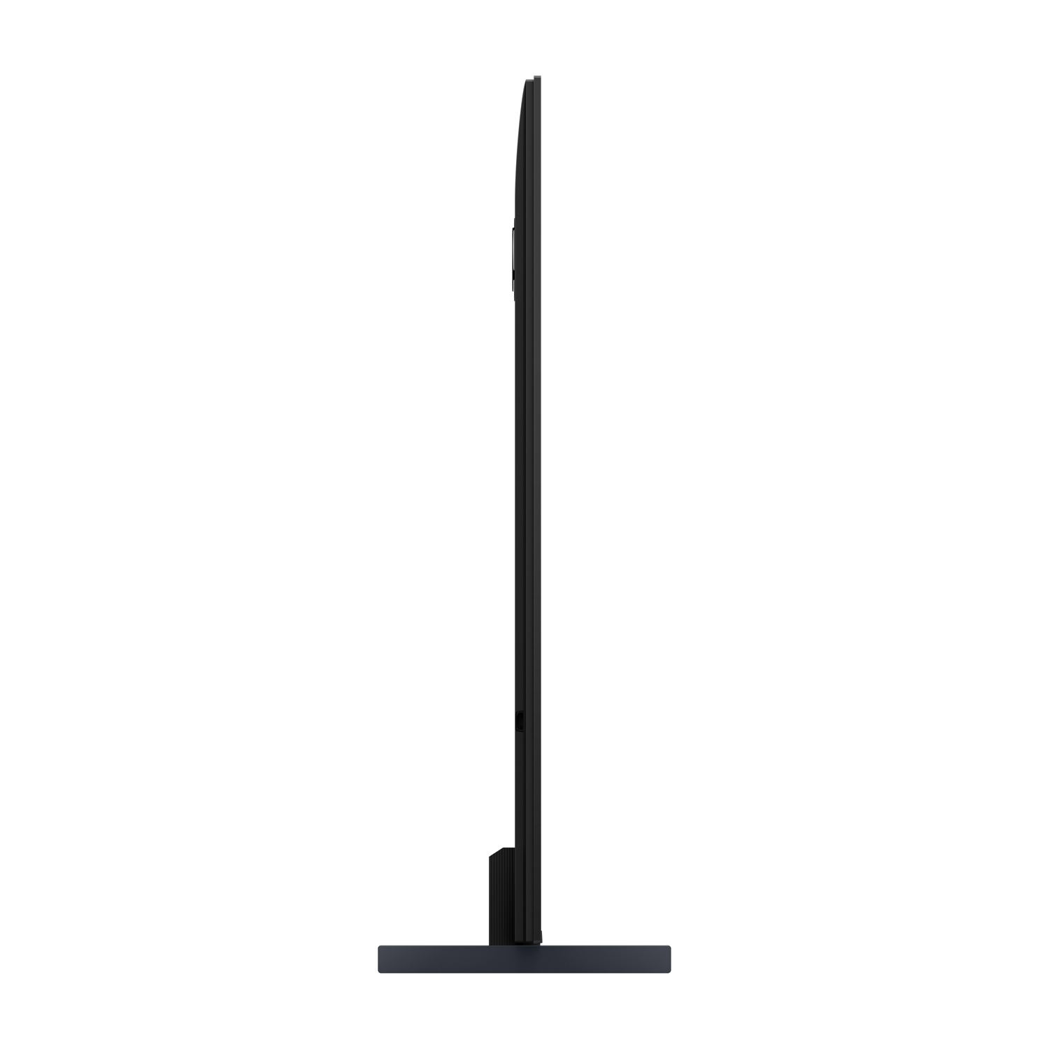 Vista laterale di una TV nera sottile con supporto su sfondo bianco.