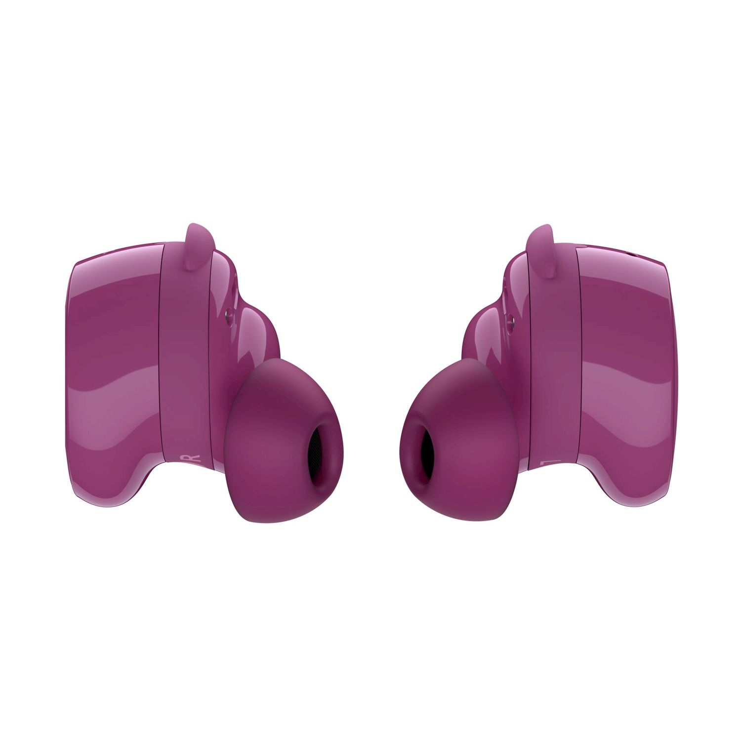 Due auricolari wireless in-ear viola su uno sfondo bianco.