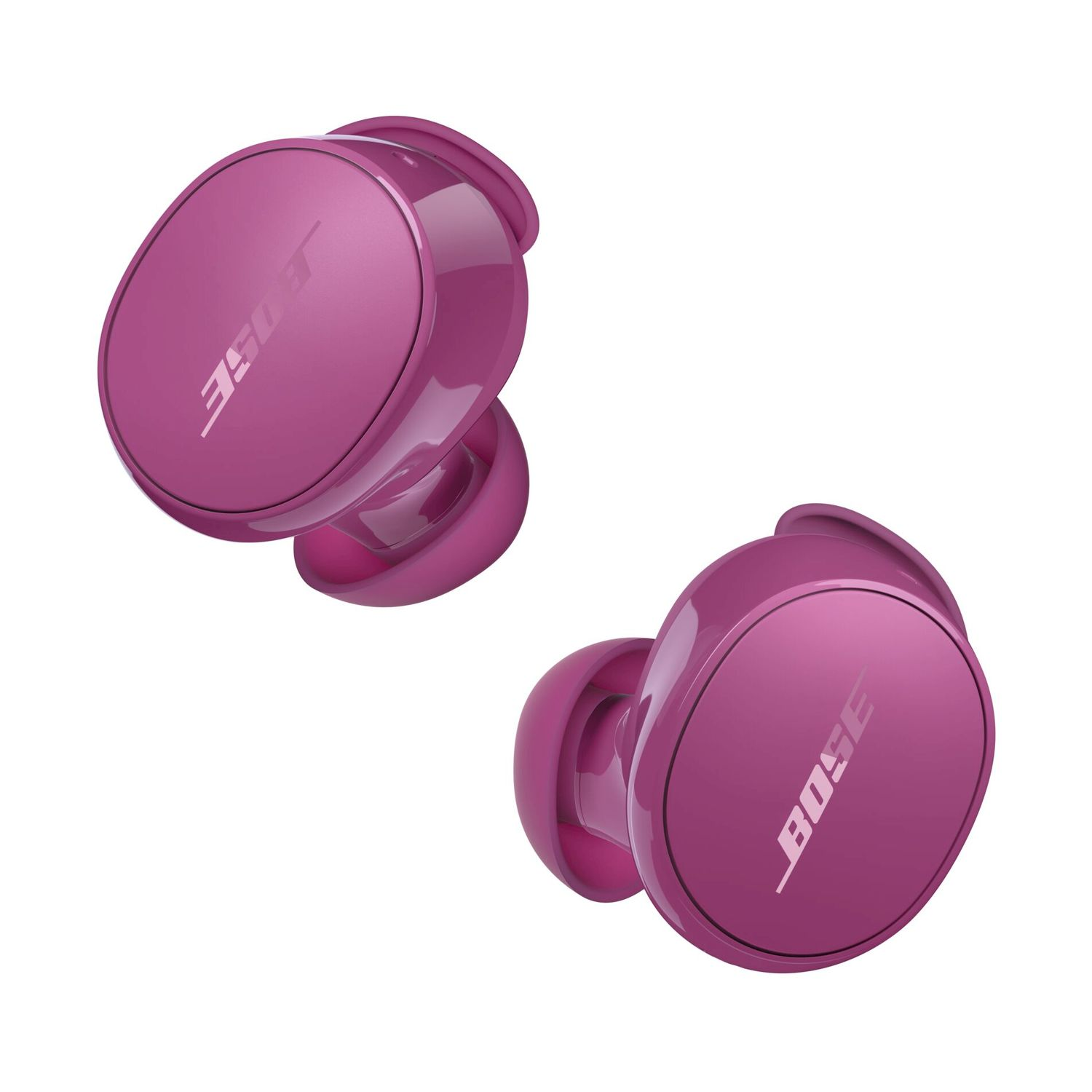 Due auricolari wireless Bose color prugna lucido sono presentati inclinati su sfondo bianco.