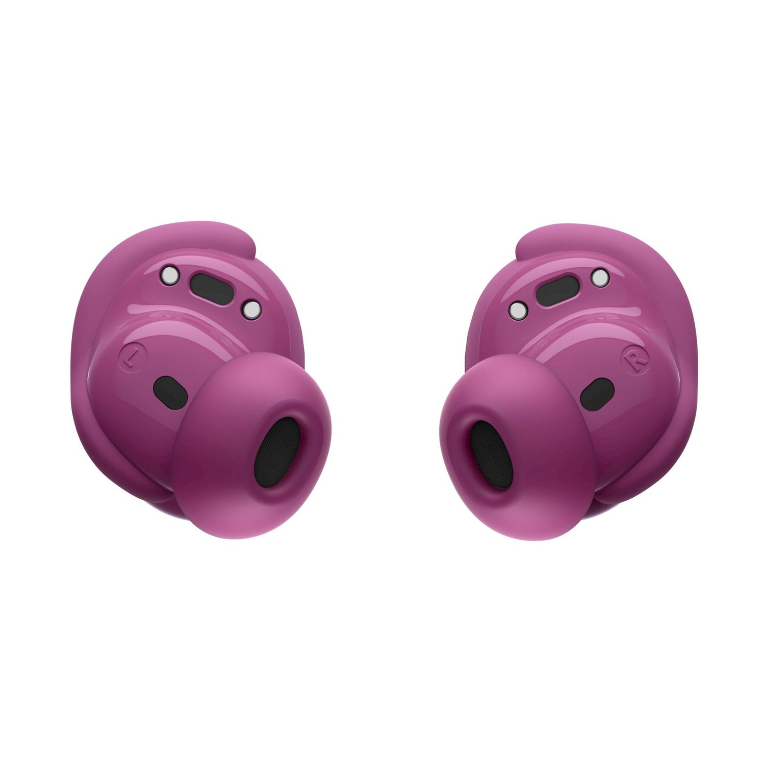 Due auricolari wireless magenta di fronte su sfondo bianco, con sensori.