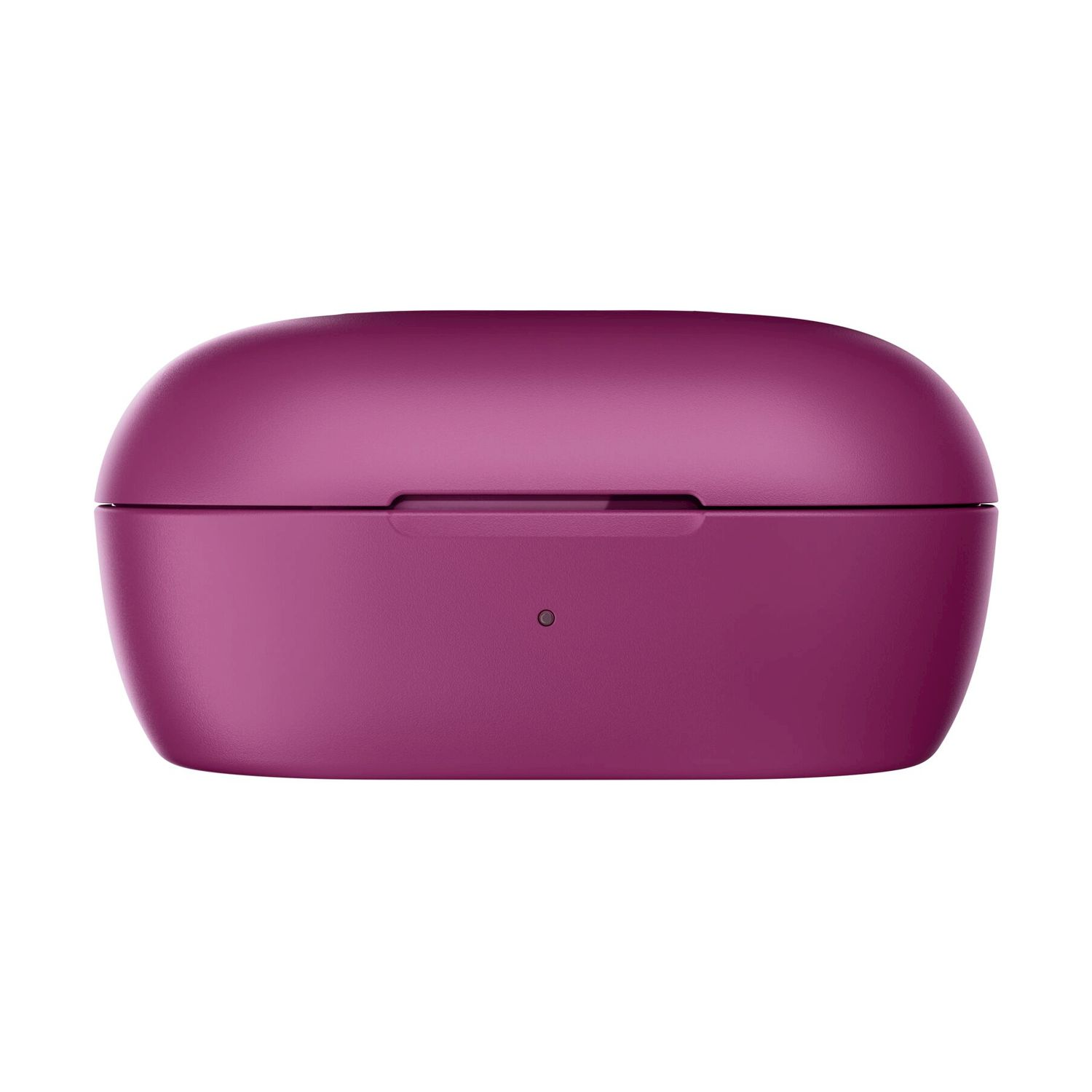 Una custodia di carica chiusa, arrotondata magenta, con una piccola spia di stato sulla parte anteriore su sfondo bianco.