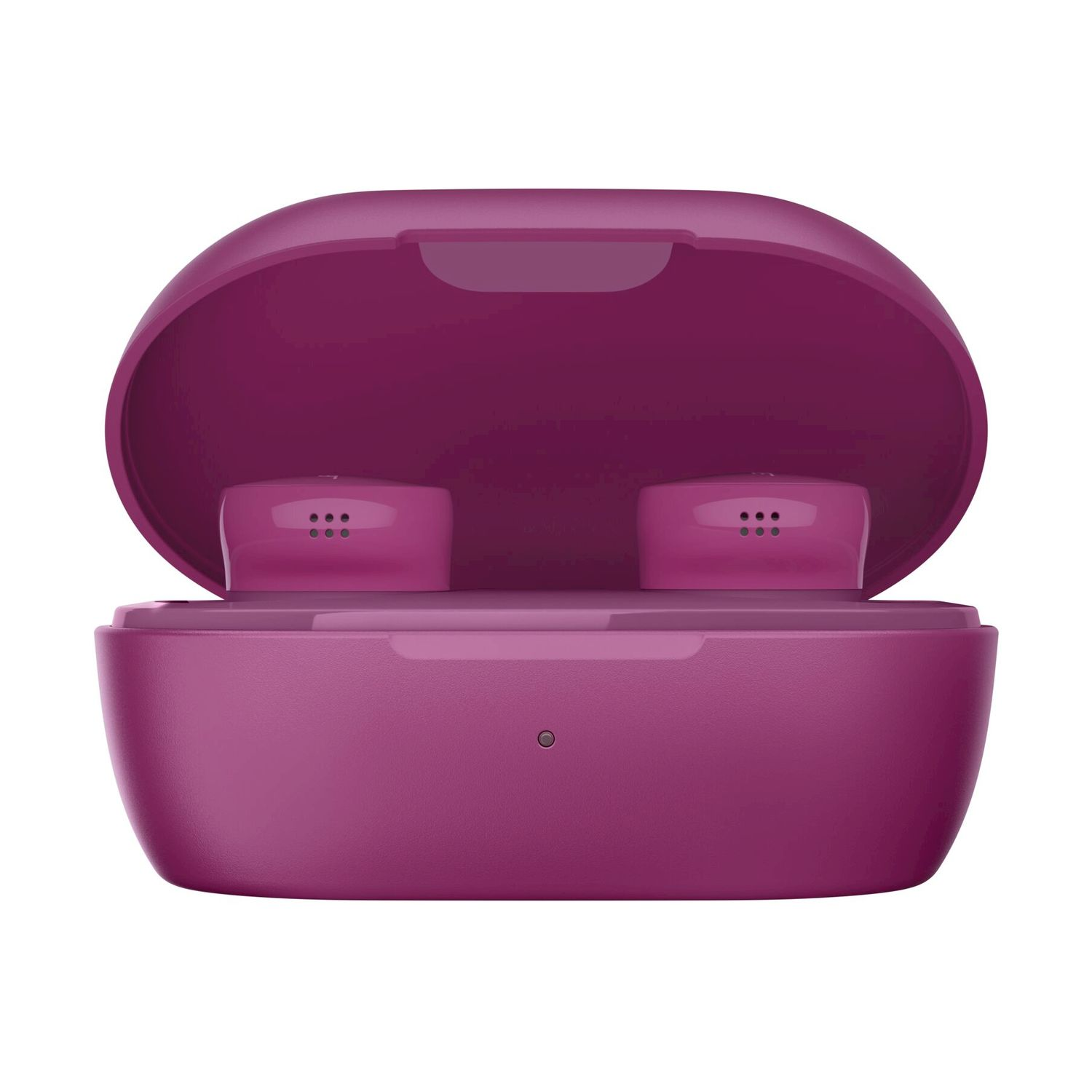 Una custodia di ricarica rosa aperta conteniente due auricolari wireless su sfondo bianco.