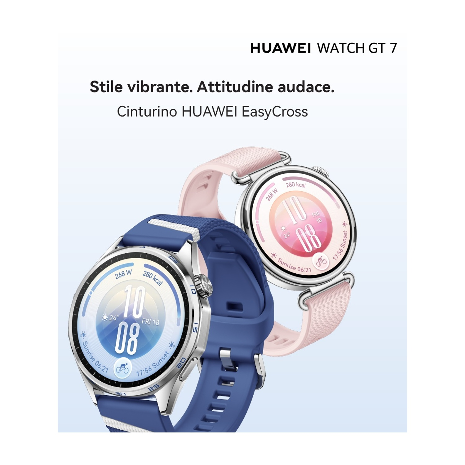Due smartwatch Huawei Watch GT 7 con cinturini EasyCross blu e rosa su sfondo azzurro sfumato.