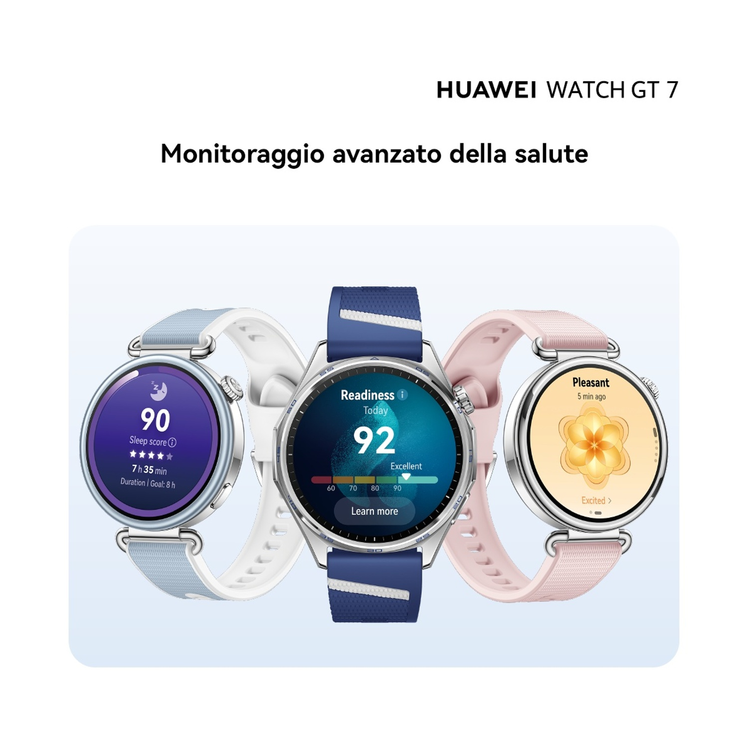 Tre smartwatch Huawei Watch GT 7 con schermate di salute e cinturini colorati su sfondo chiaro.