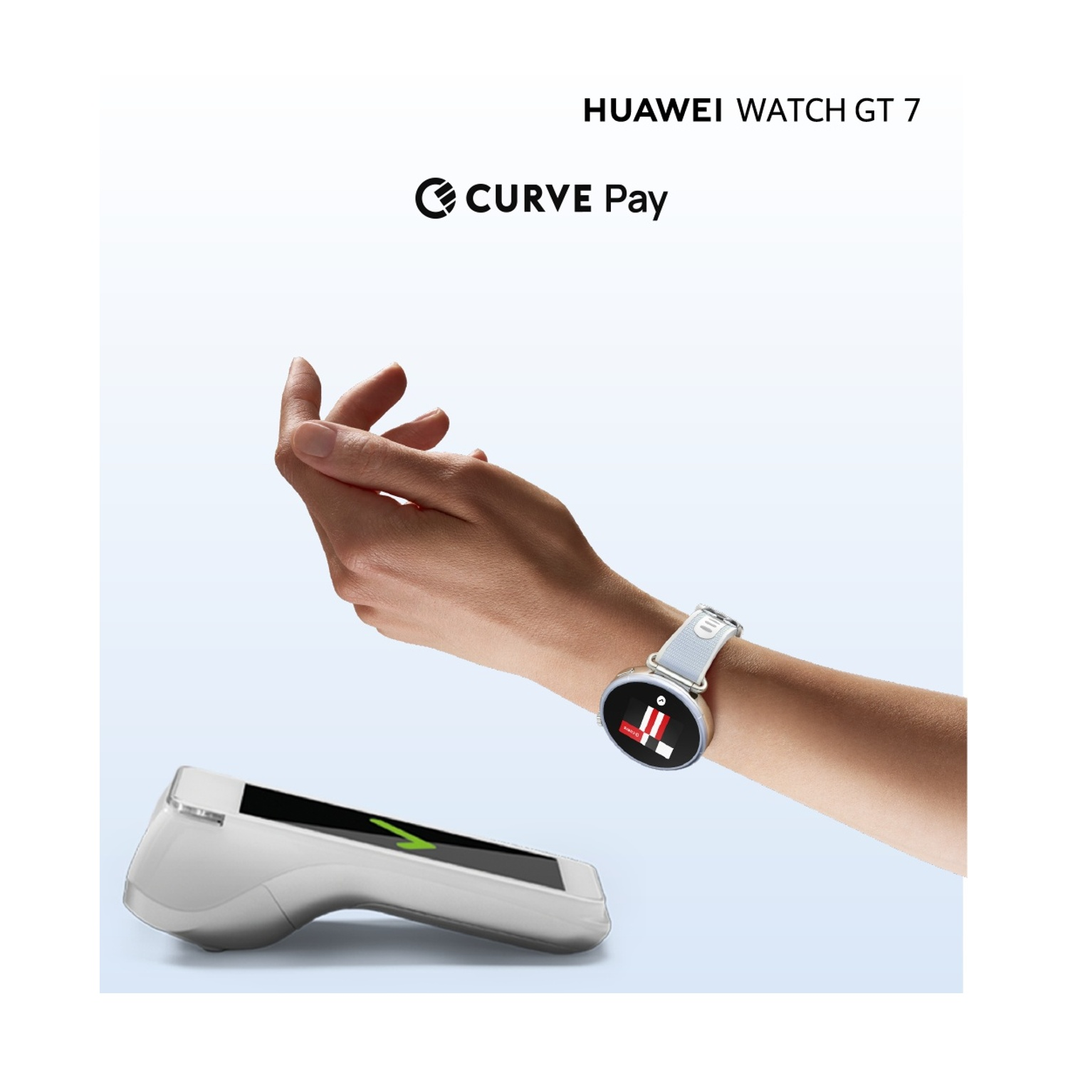 Mano con Huawei Watch GT 7 vicino a un POS con un segno di spunta verde.