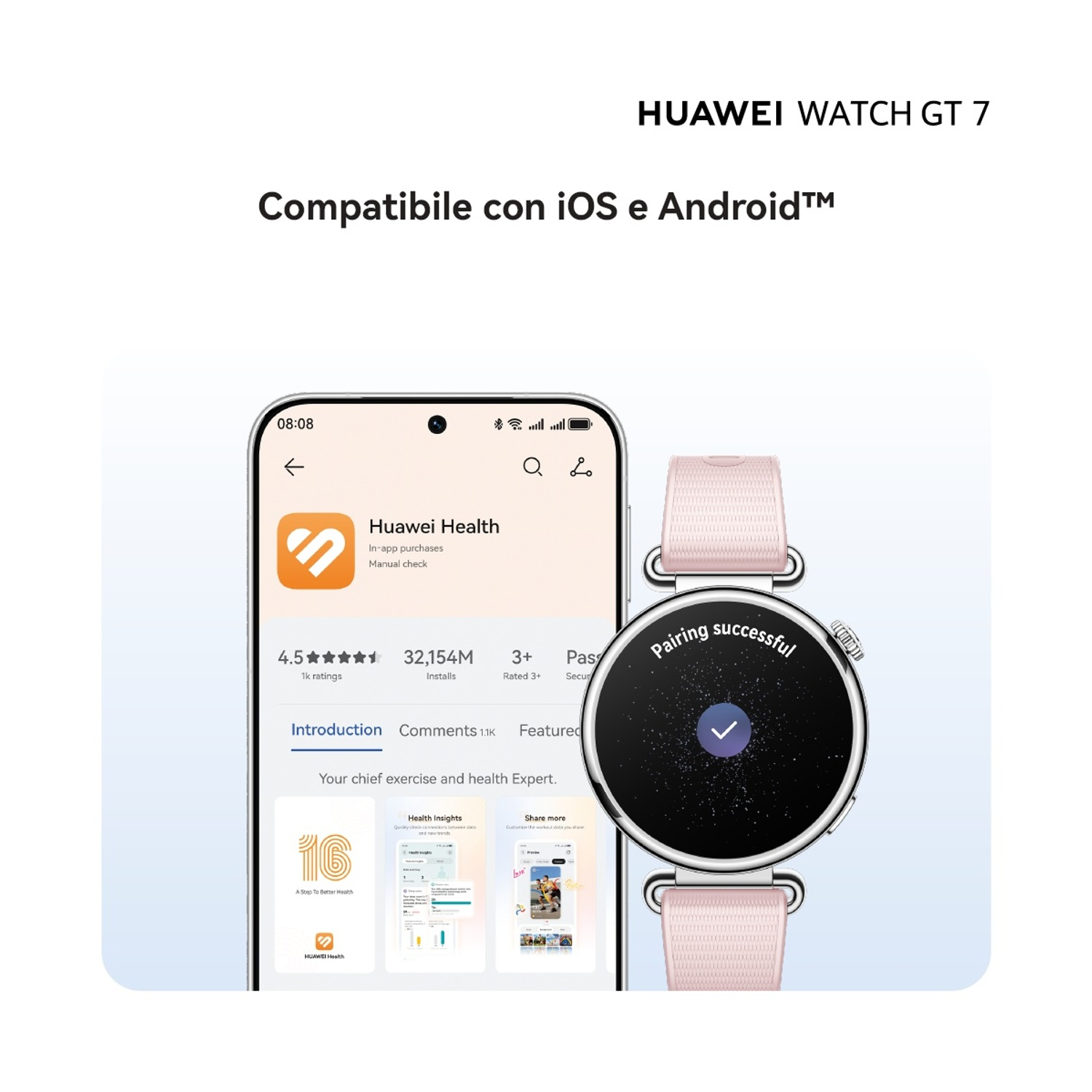Huawei Watch GT 7 mostra l'abbinamento riuscito con l'app.