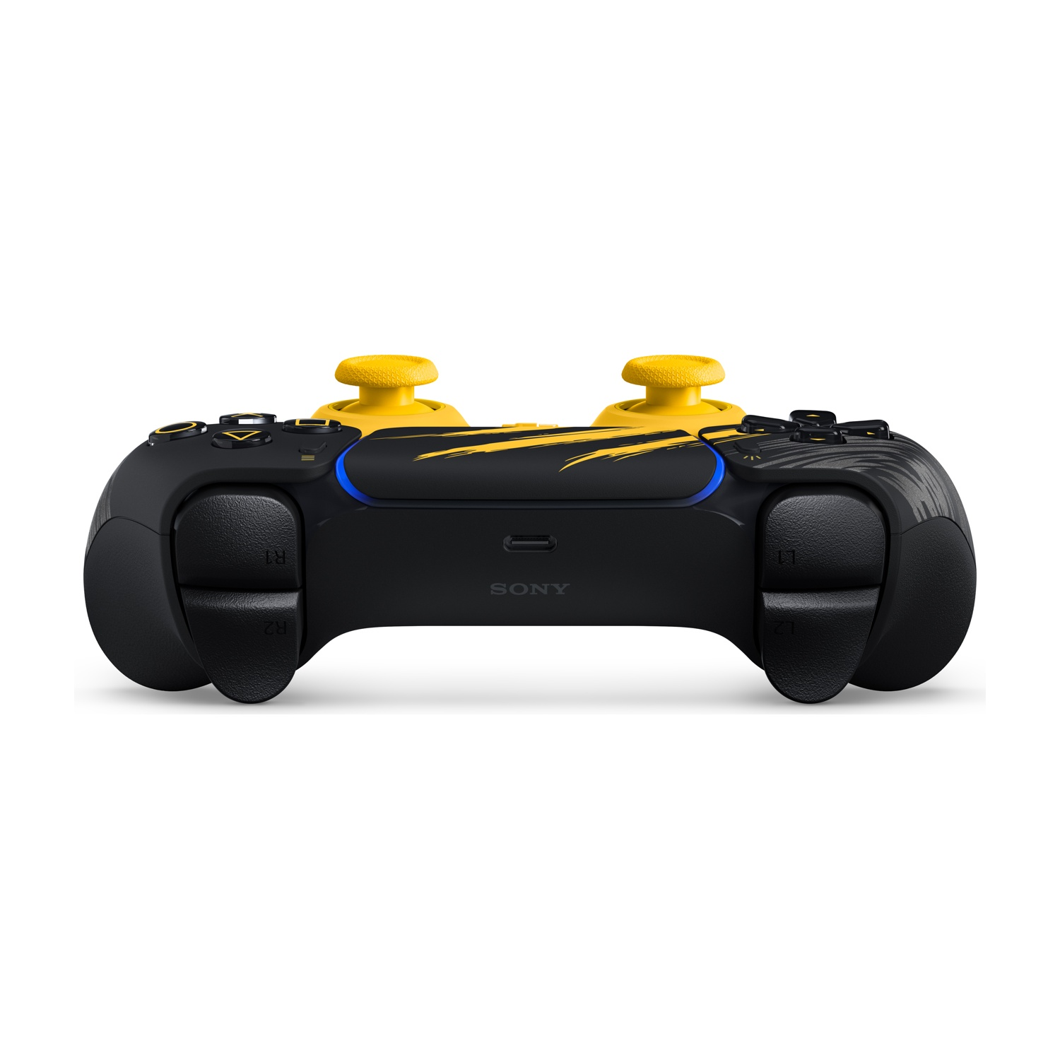 Un controller per PlayStation 5 nero e giallo con levette analogiche gialle e dettagli grafici su sfondo bianco.