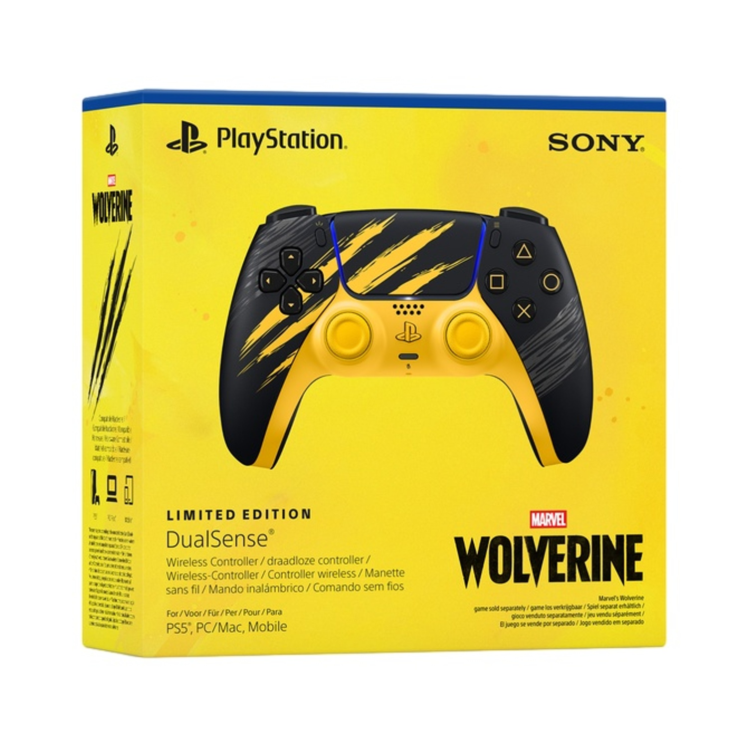 Scatola per controller wireless DualSense giallo-nera con design Marvel Wolverine su sfondo giallo.