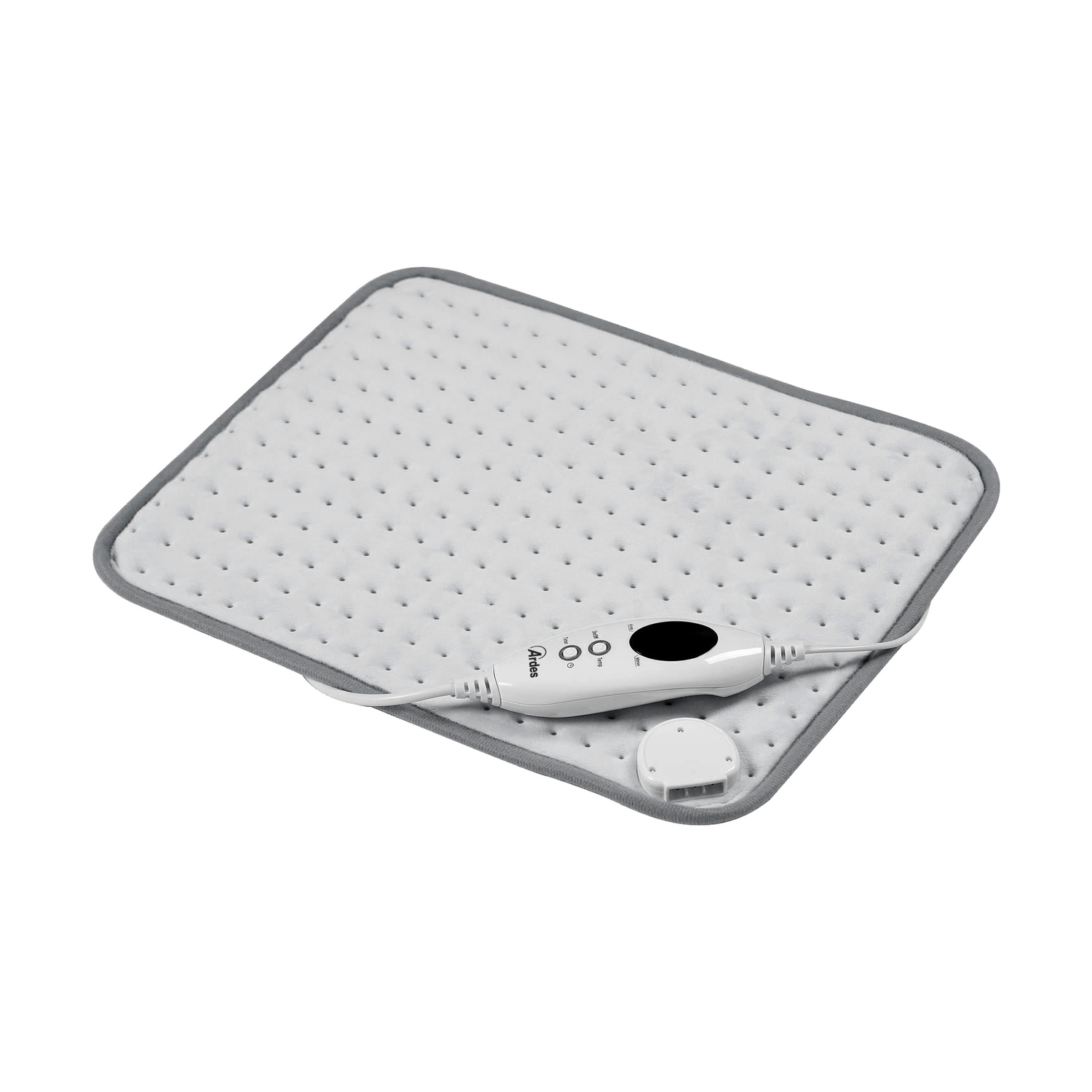 Uno scaldaletto elettrico grigio e bianco con un controller bianco su sfondo bianco.
