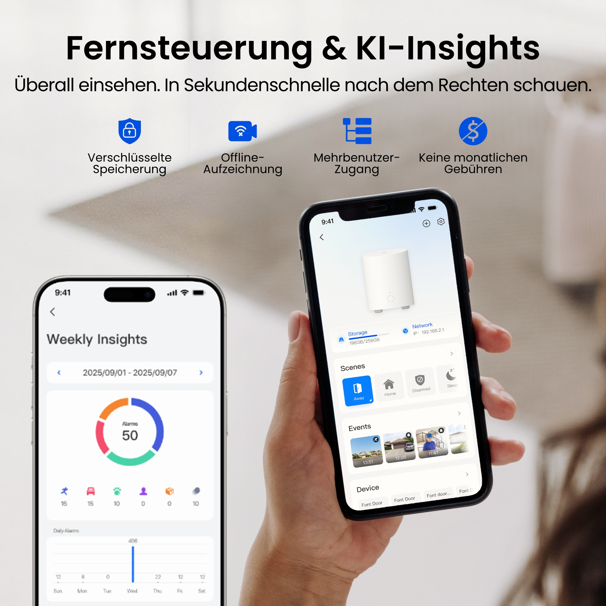 Zwei Smartphones in Händen zeigen smarte Sicherheits-App-Oberflächen vor einem weichen Hintergrund.
