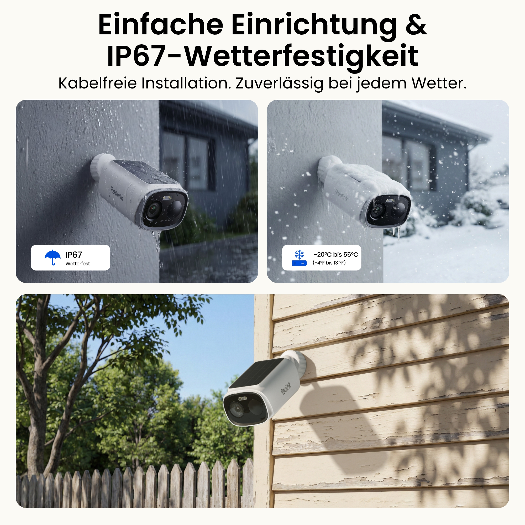 Überwachungskamera montiert an Wand, wetterfest im Regen, Schnee und bei Sonnenschein.