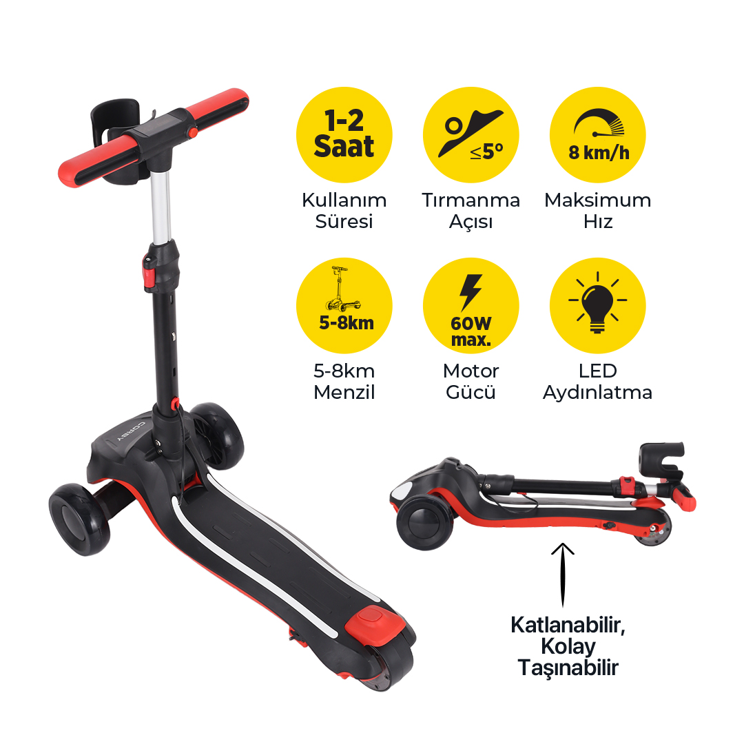 Teknik özellikleri ve katlanma özelliği olan siyah ve kırmızı elektrikli scooter.