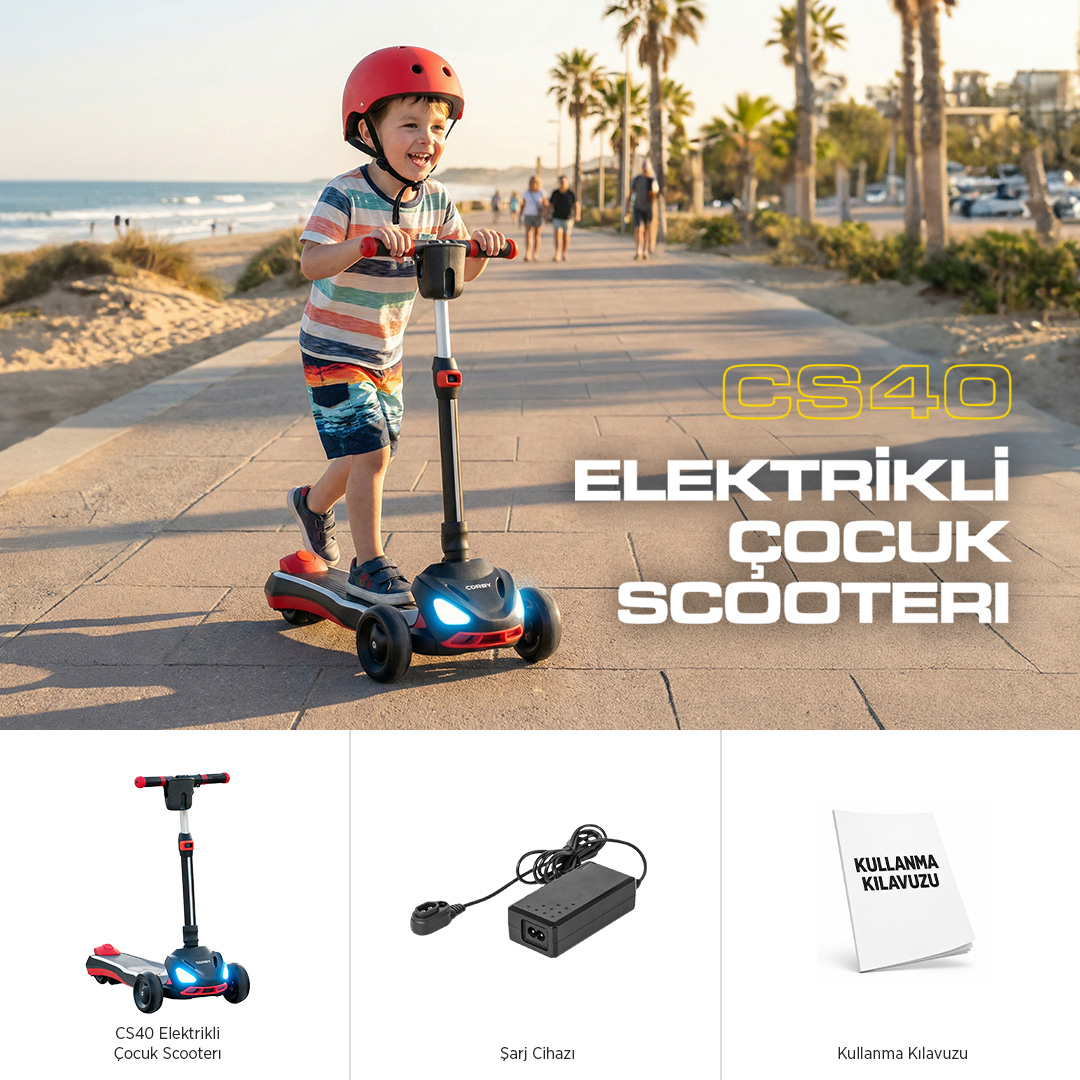 Bir çocuk, güneşli bir sahil yolunda üç tekerlekli elektrikli scooter sürüyor.
