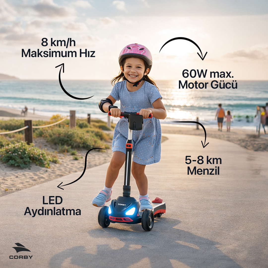 Mutlu bir kız çocuğu, ürün özelliklerini belirten yazılar eşliğinde sahil yolunda elektrikli scooter sürüyor.