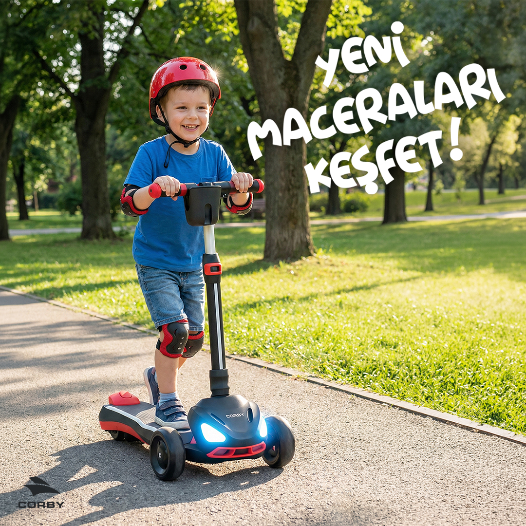 Kasklı ve gülümseyen bir çocuk park yolunda ışıklı üç tekerlekli scooter sürüyor.
