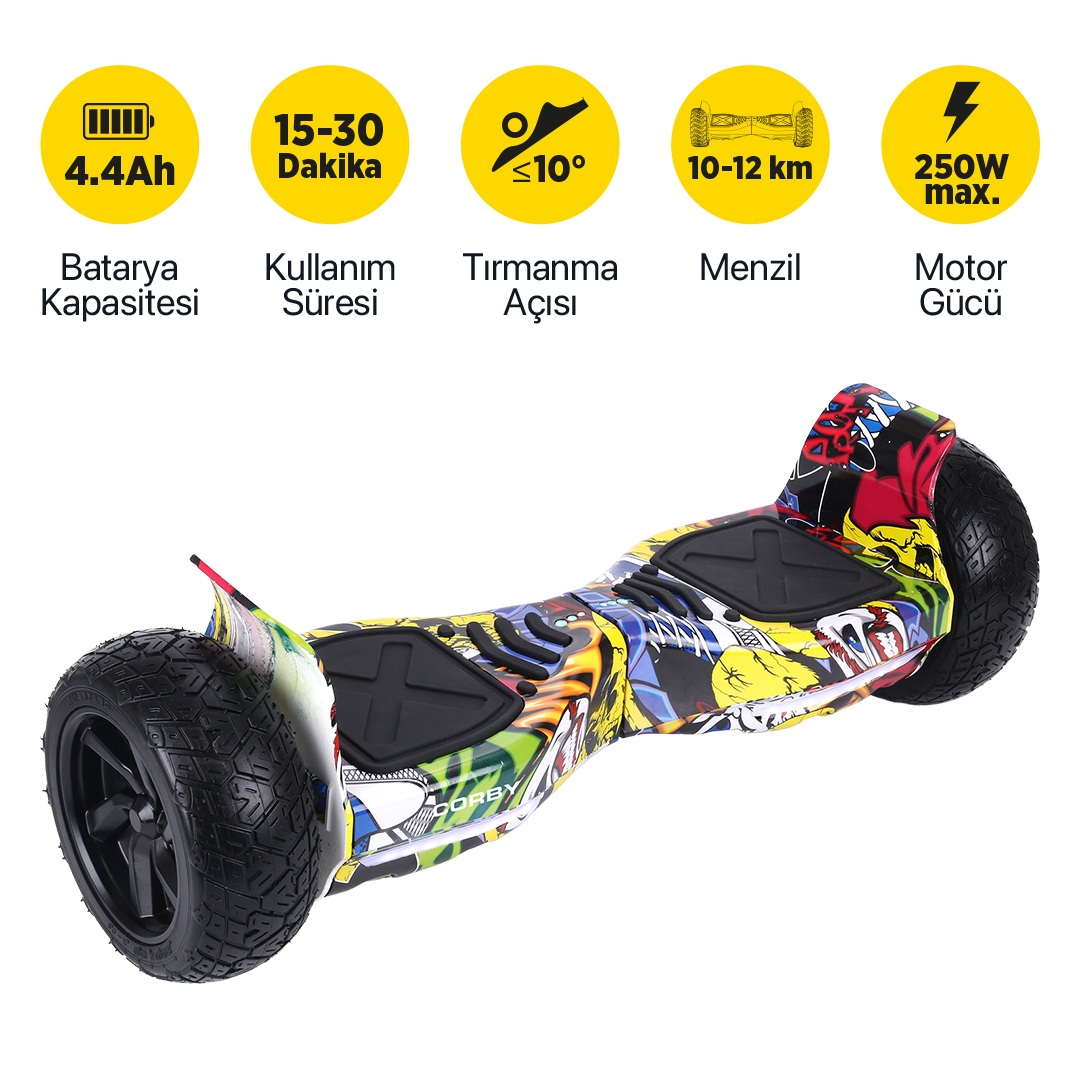 Renkli grafitili bir hoverboard ve üzerinde teknik özellik ikonları.