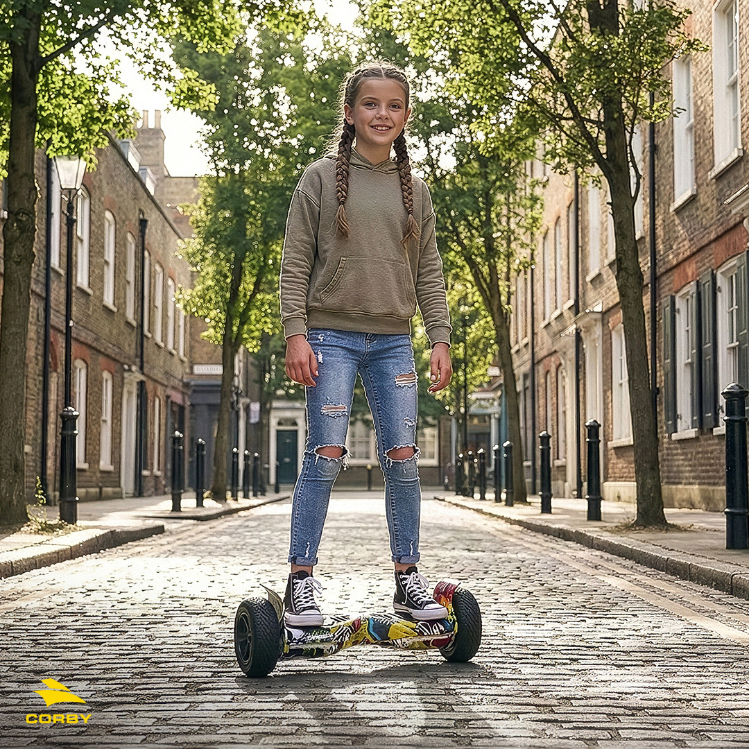 Örgülü genç bir kız, parke taşı döşeli sokakta renkli bir hoverboard sürüyor.
