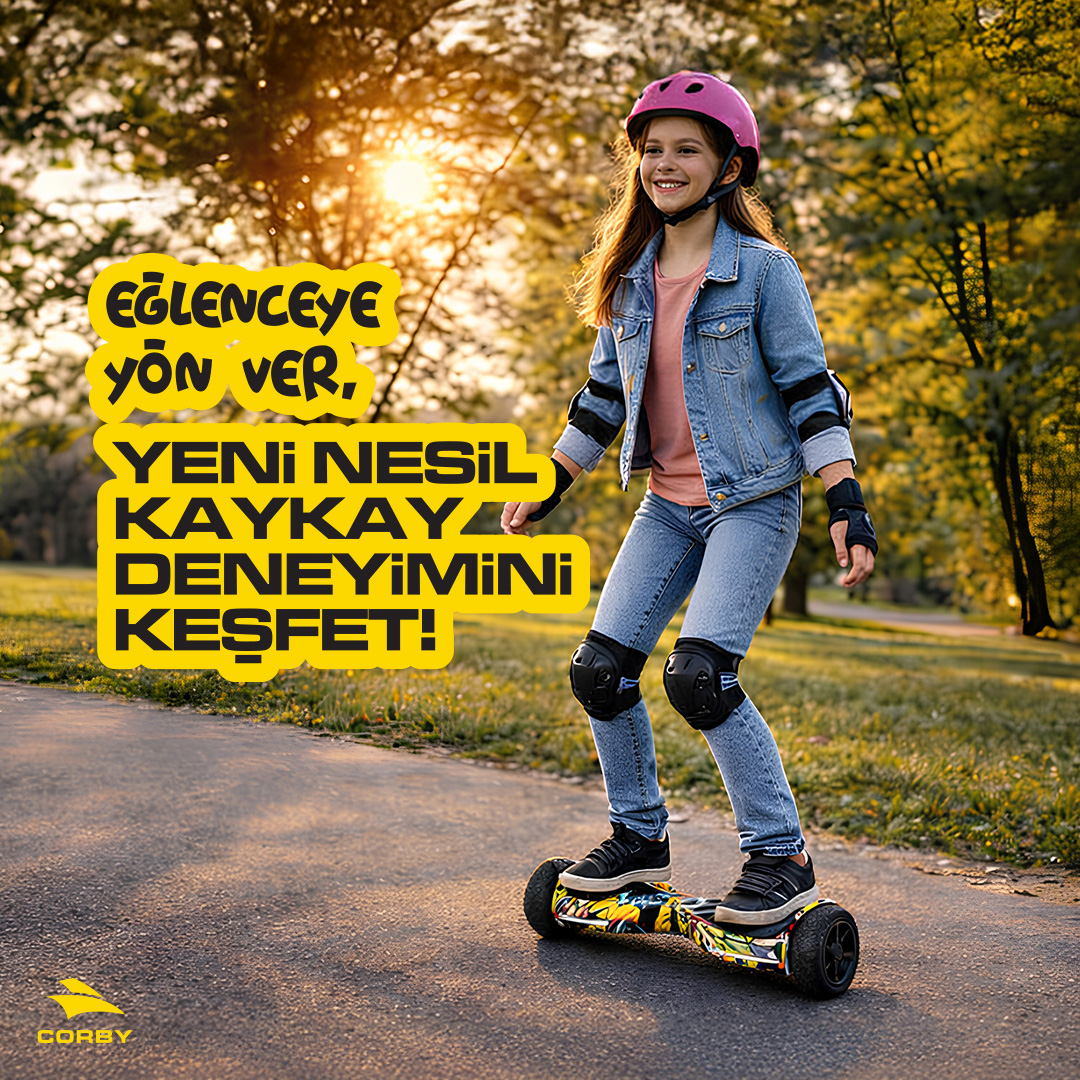 Gülen bir kız çocuğu, gün batımında parkta koruyucu ekipmanla kaykay sürüyor.