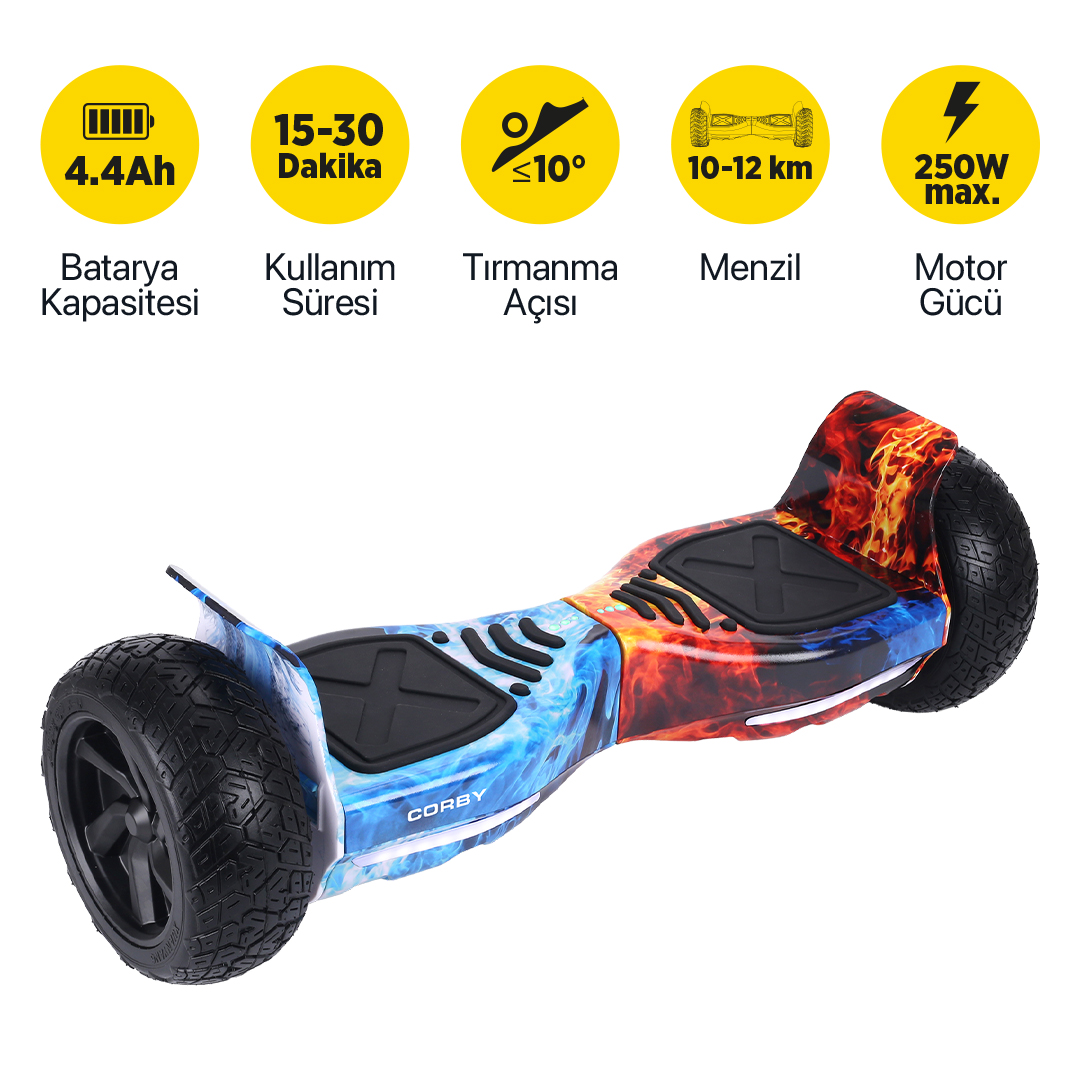 Ateş ve buz desenli mavi-kırmızı hoverboard ile beş sarı teknik özellik simgesi.