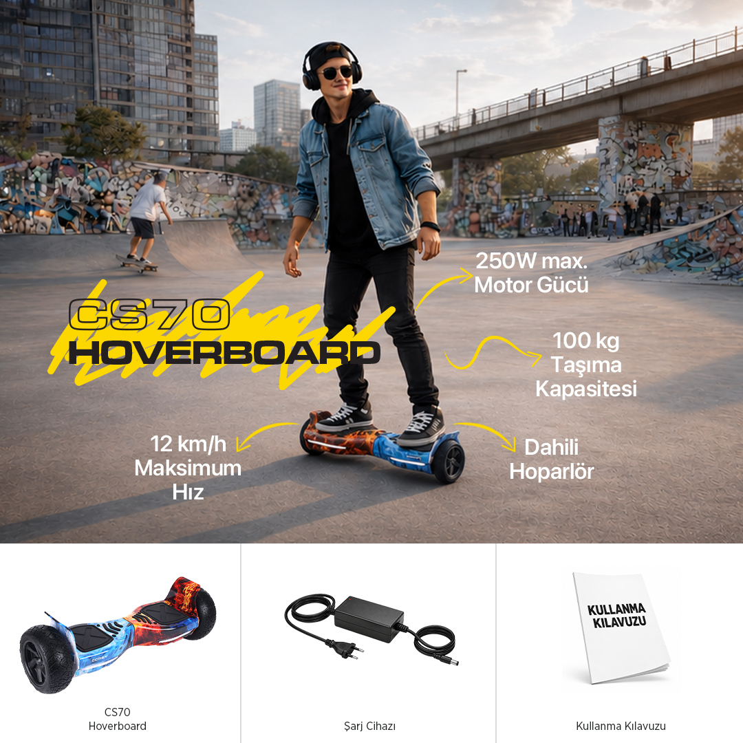 Bir adam kaykay parkında hoverboard sürüyor. Teknik özellikler ve şarj cihazı, kılavuz gibi aksesuarlar gösteriliyor.