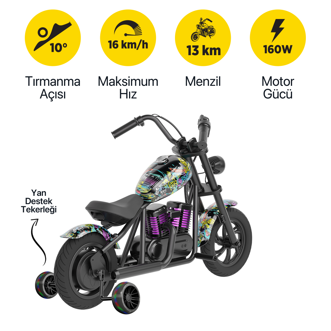 Renkli grafiti desenli ve küçük destek tekerlekli siyah çocuk elektrikli motosikleti.